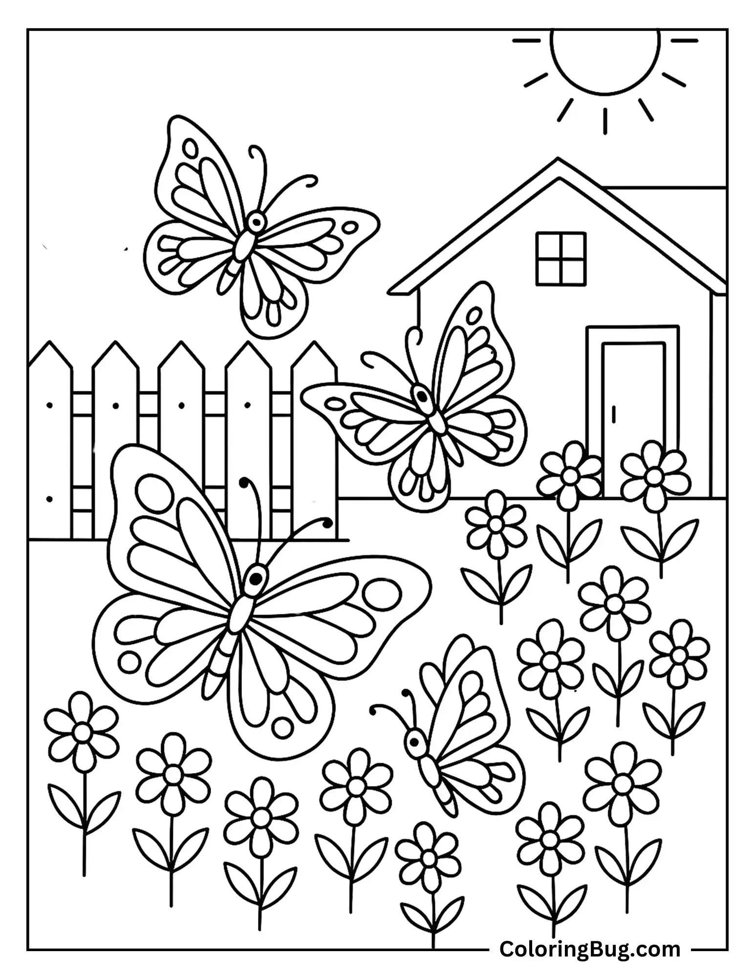 Butterflies Flying in Home Garden Coloring Sheet