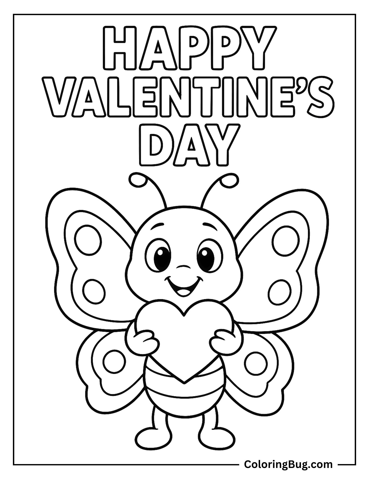 Butterflies Holding Heart With Text Happy Valentine's Day Coloring sheet