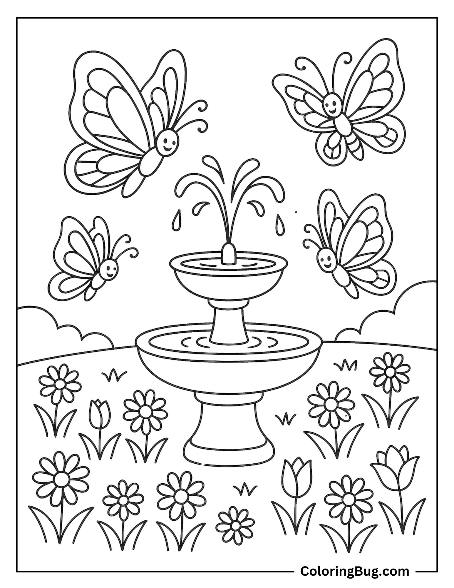 Butterflies Near a Garden Fountain Coloring Sheet