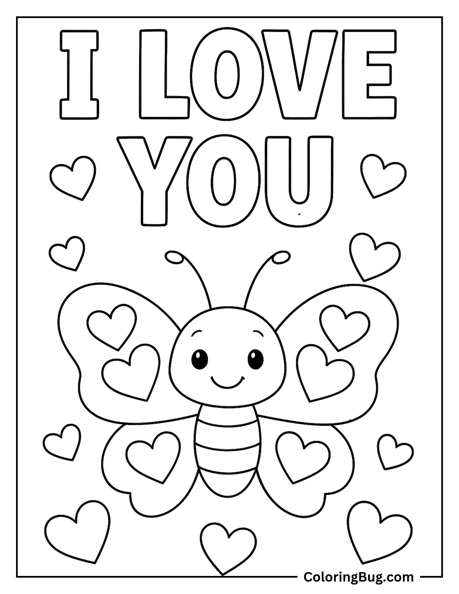 Butterflies With I Love You Text Coloring Sheet