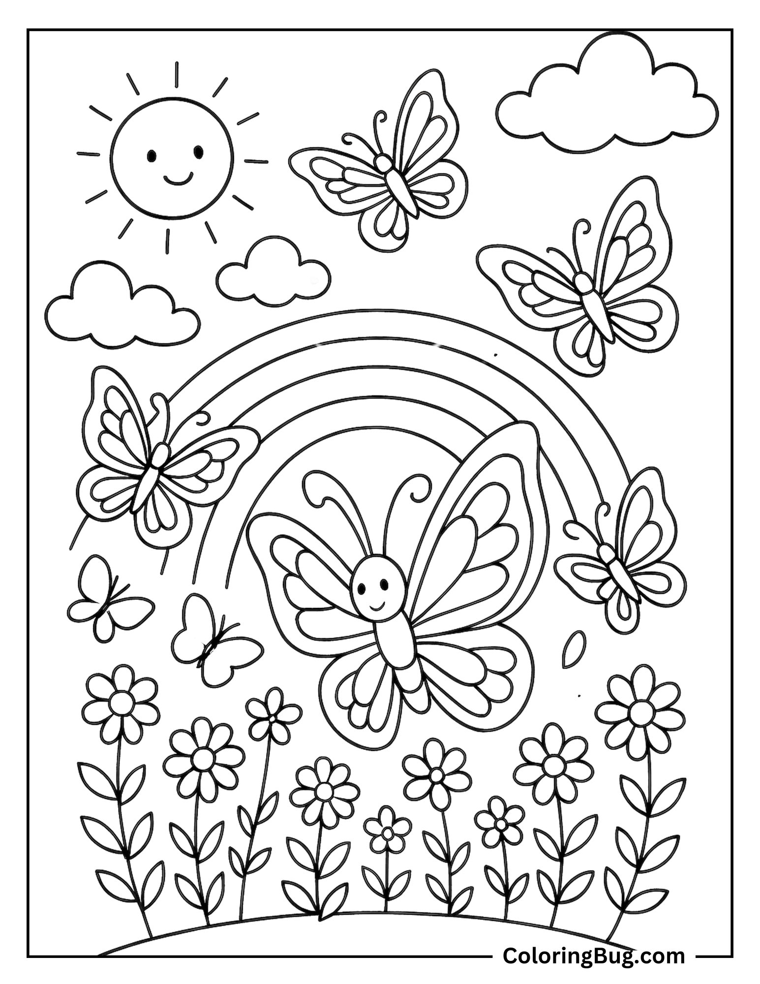 Butterflies With Rainbow And Flowers Coloring Sheet