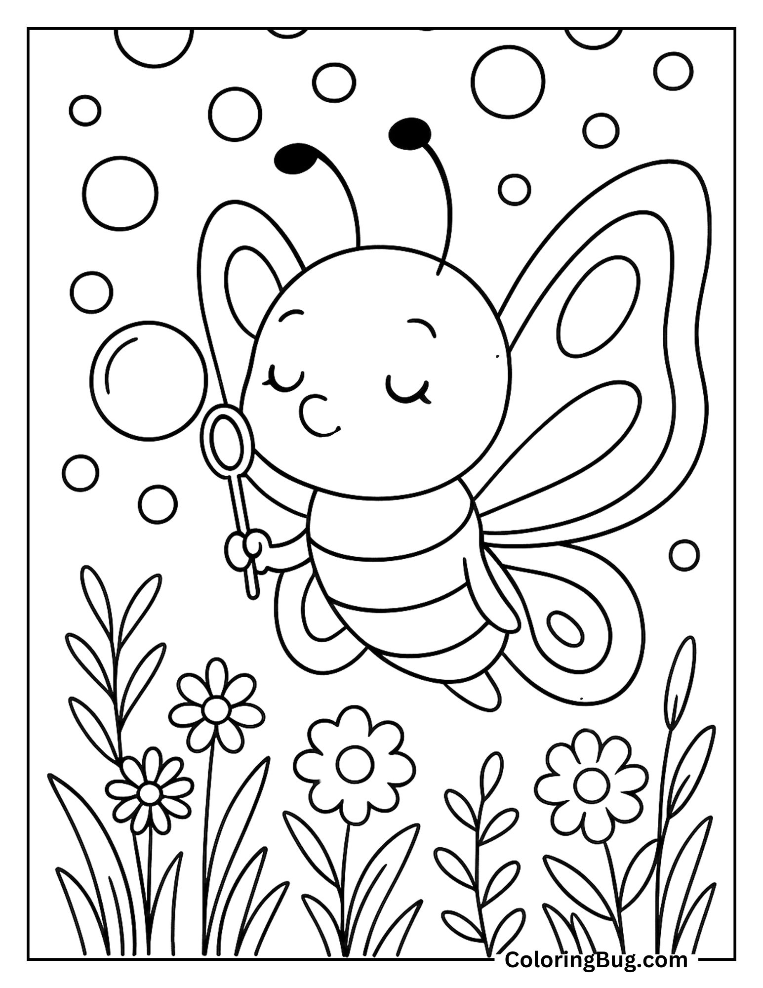 Butterfly Blowing Bubbles in Meadow Coloring Sheet