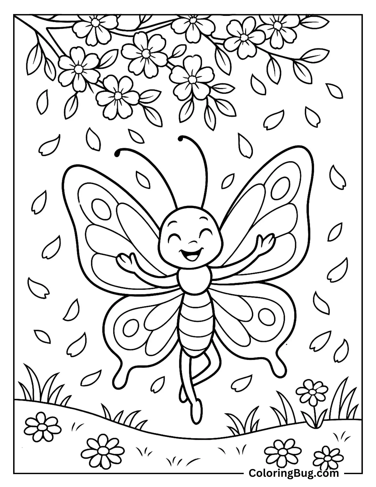 Butterfly Dancing With Falling Petals Coloring sheet