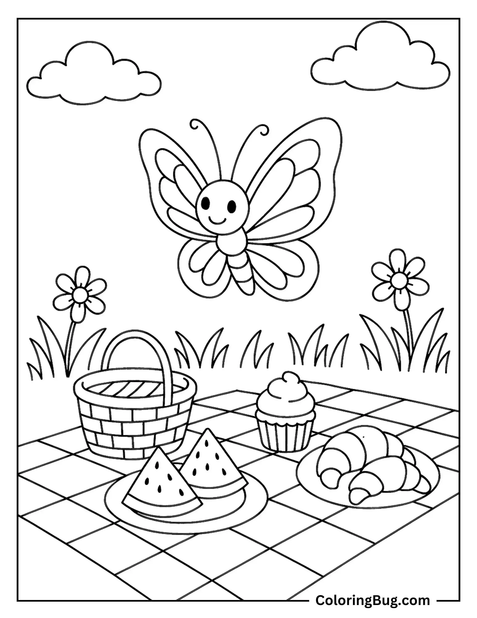 Butterfly Fluttering Above Picnic Treats Coloring sheet
