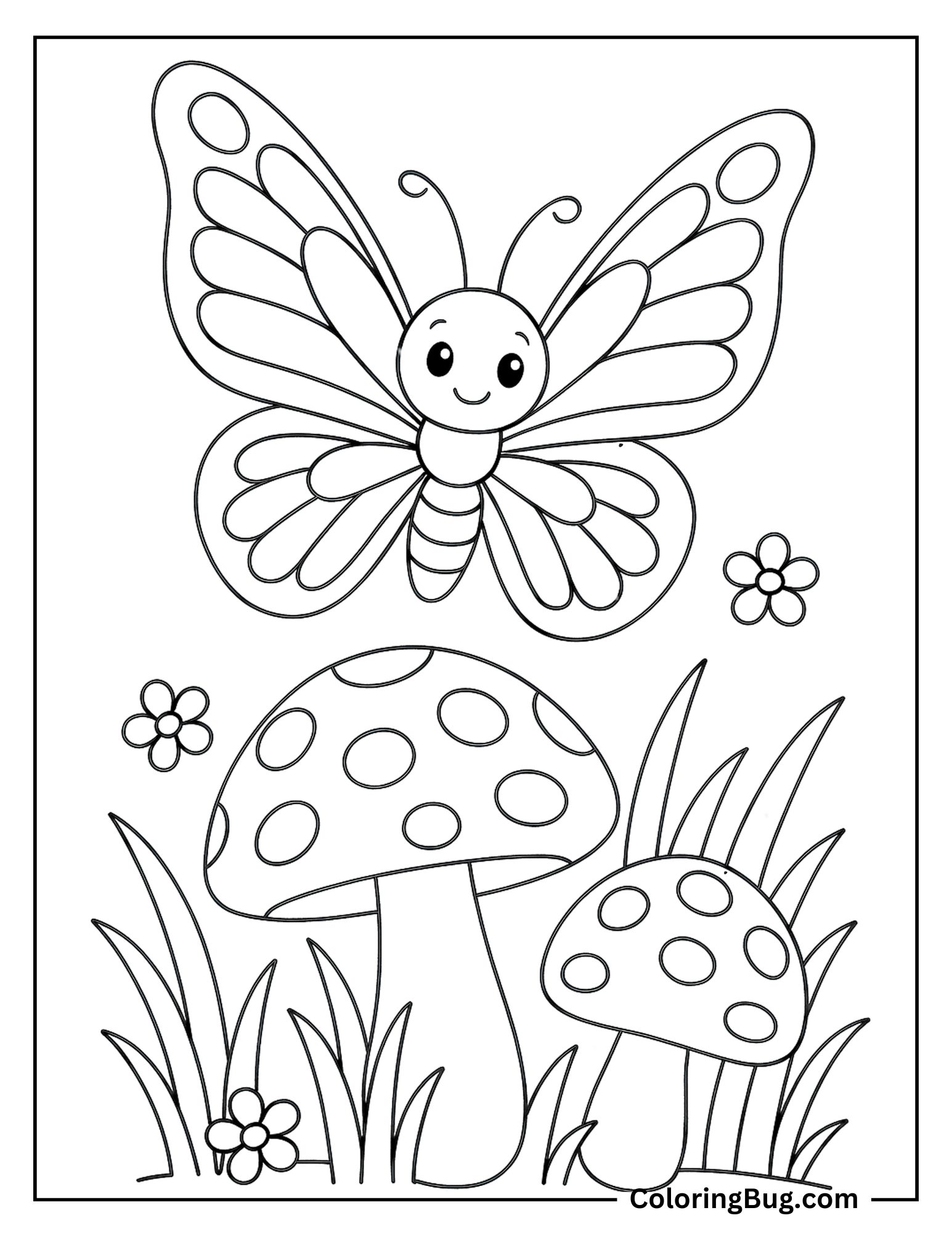 Butterfly Flying Over Mushrooms Coloring Sheet