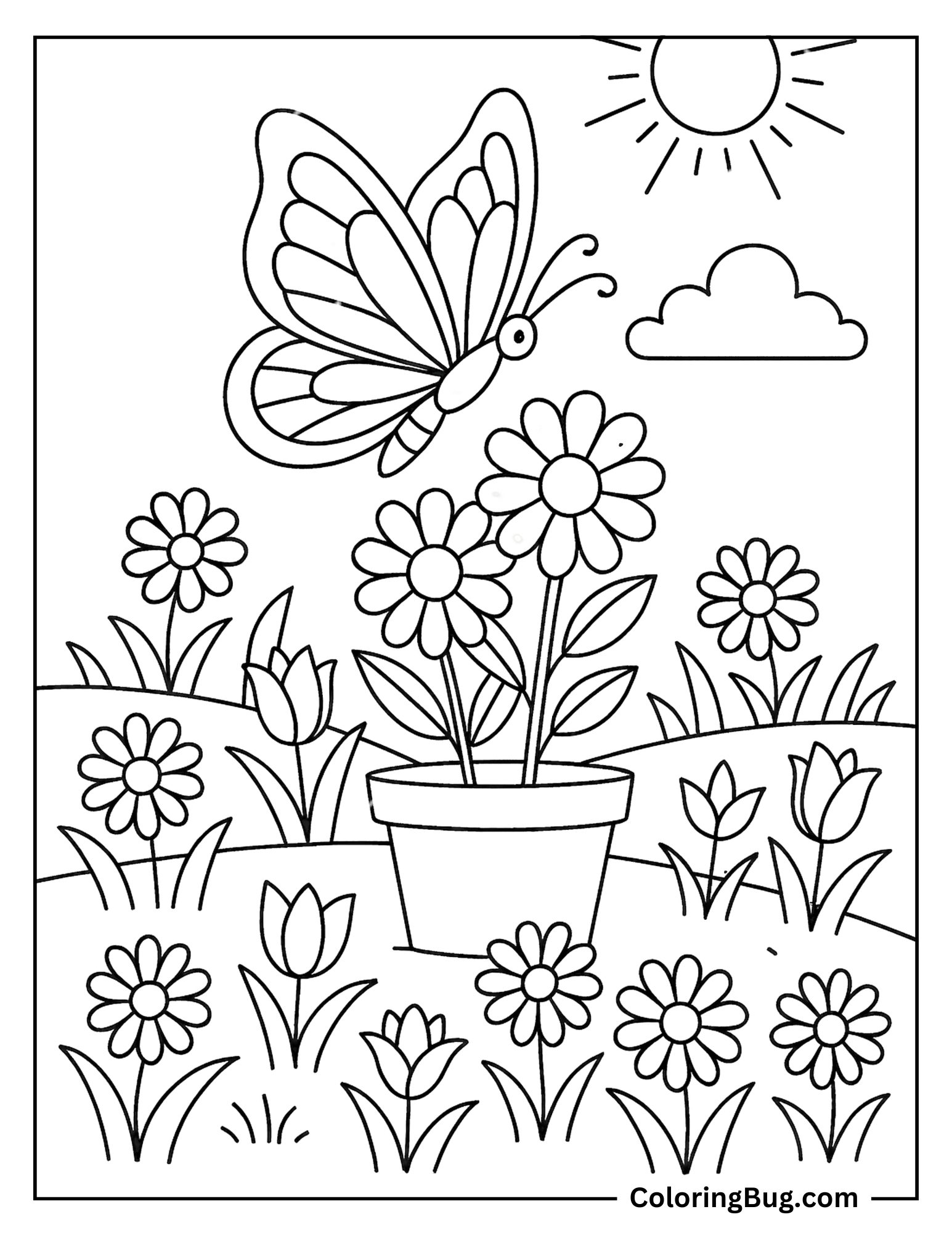 Butterfly Gliding Above Potted Flowers Coloring Sheet