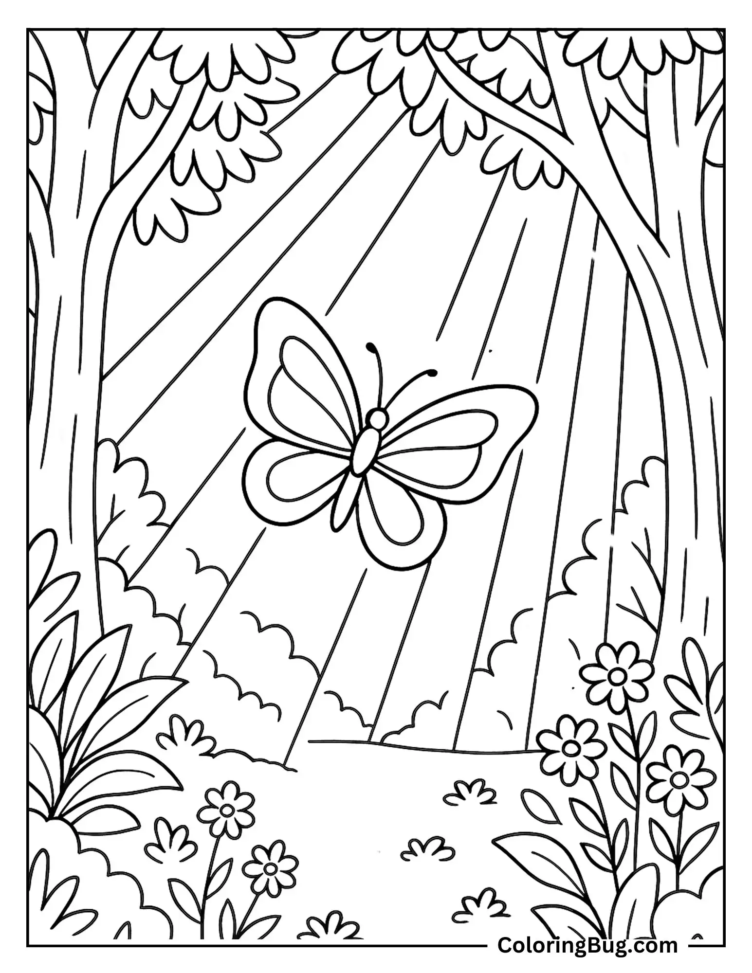 Butterfly Gliding Through Sunbeams in Woods Coloring Sheet