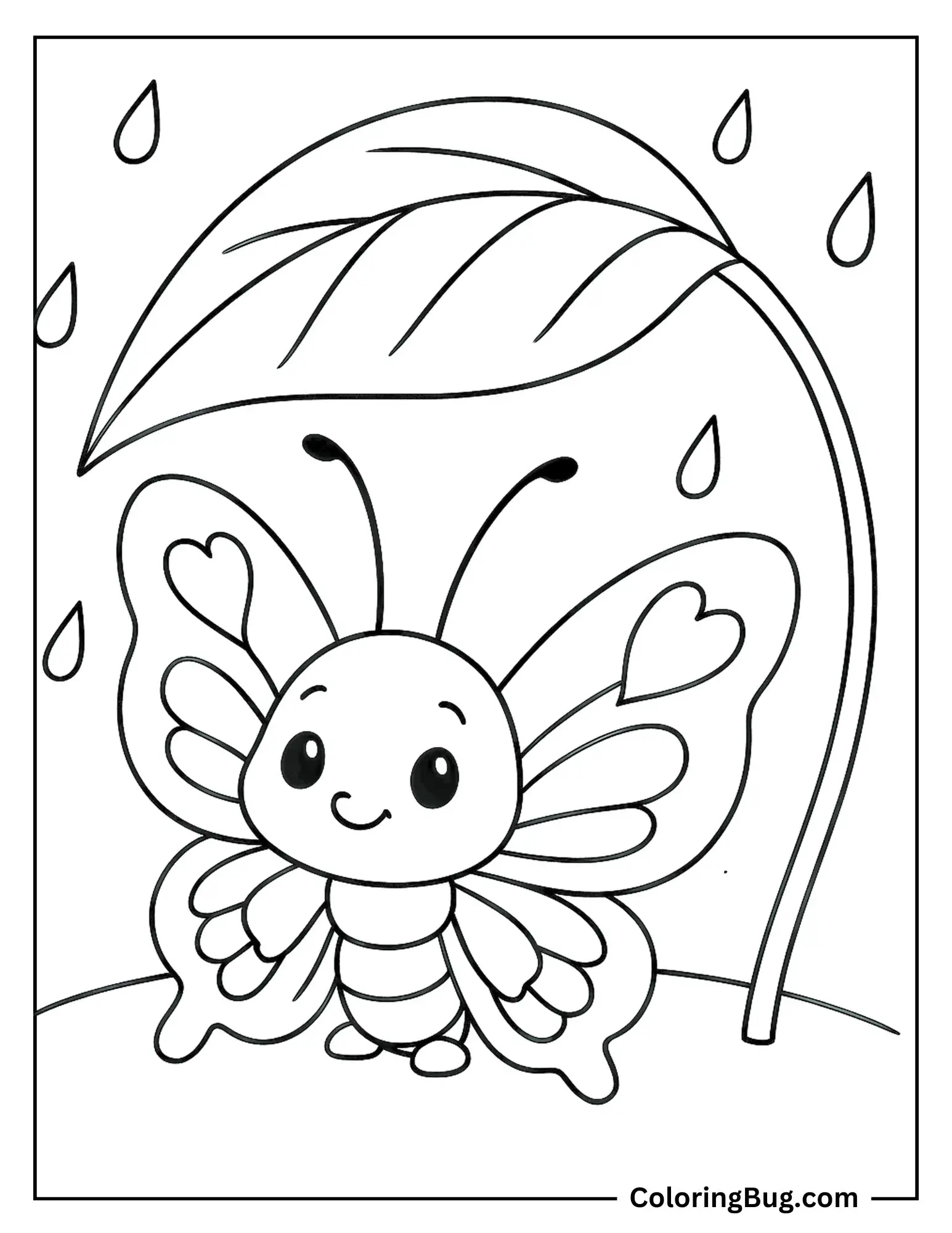 Butterfly Hiding From Light Rain Under Leaf Coloring sheet