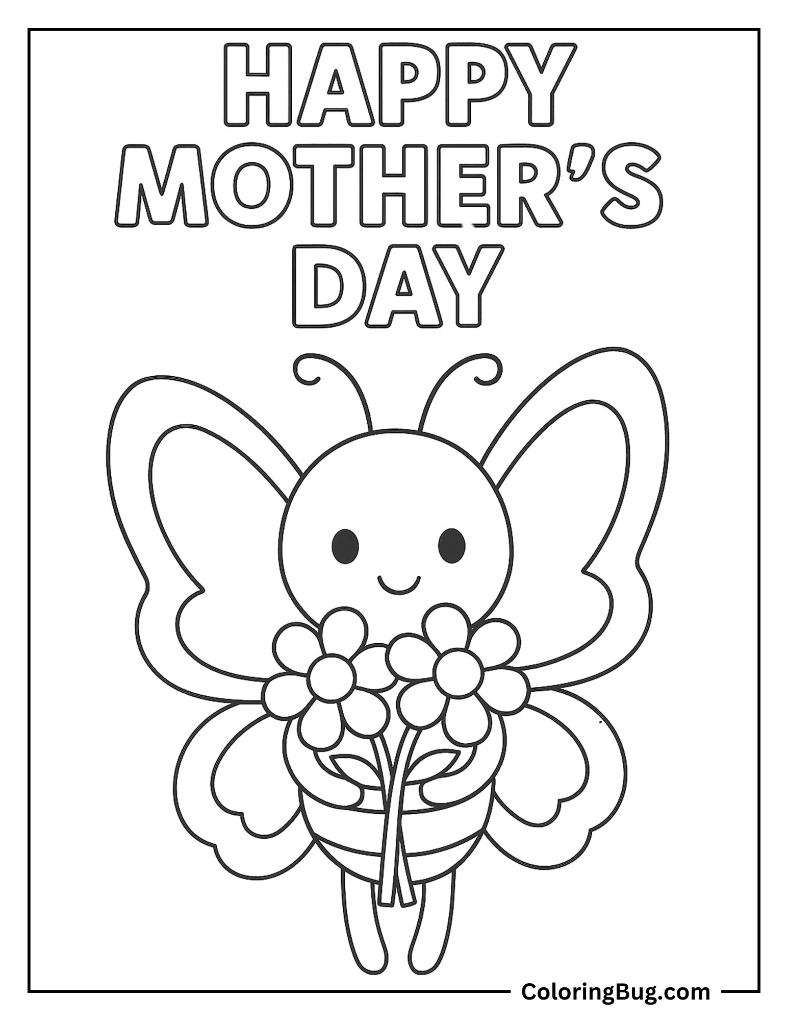 Butterfly Holding Flowers With Text Happy Mother's Day Coloring Sheet