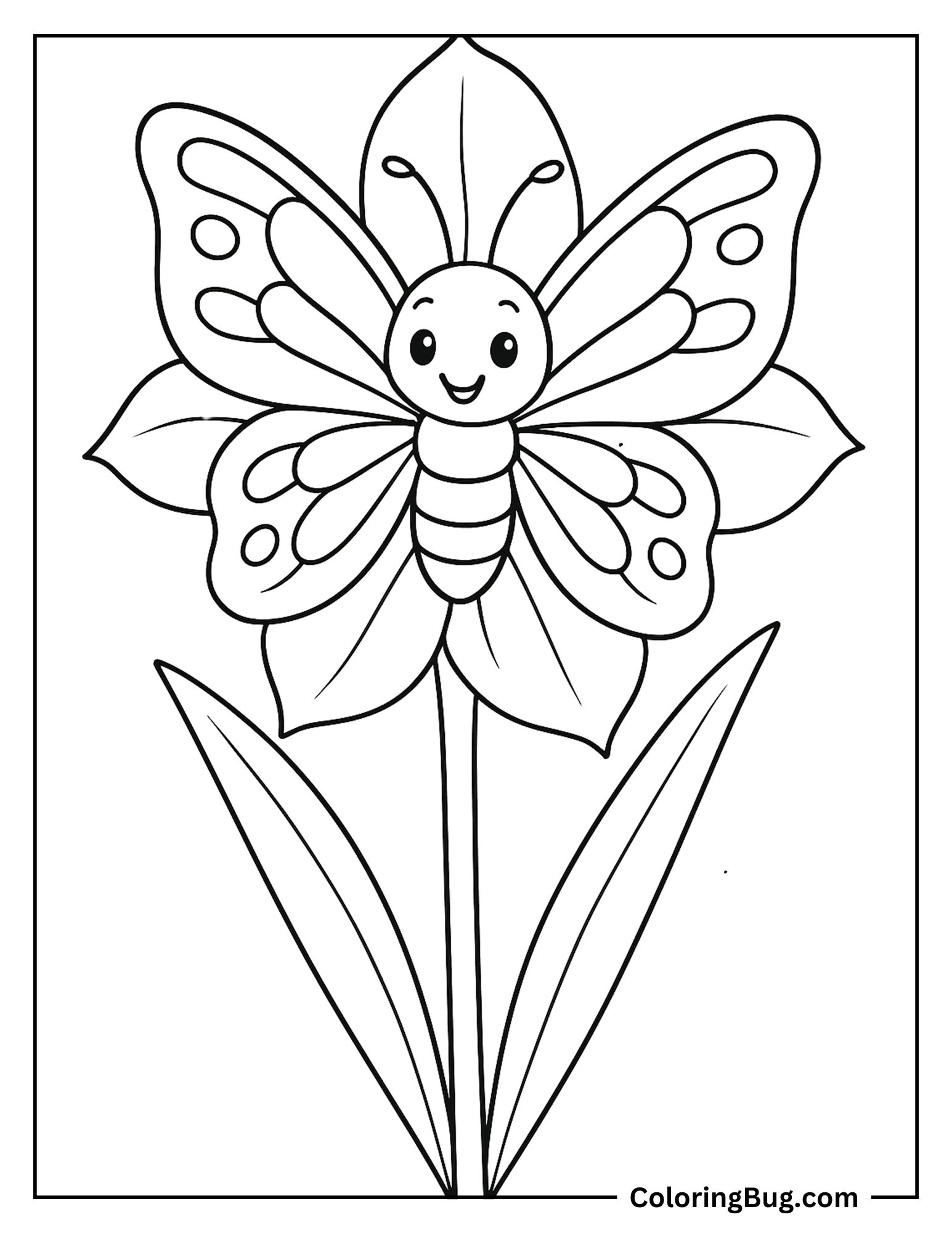Butterfly Sitting in the Middle of a Daffodil Coloring Sheet