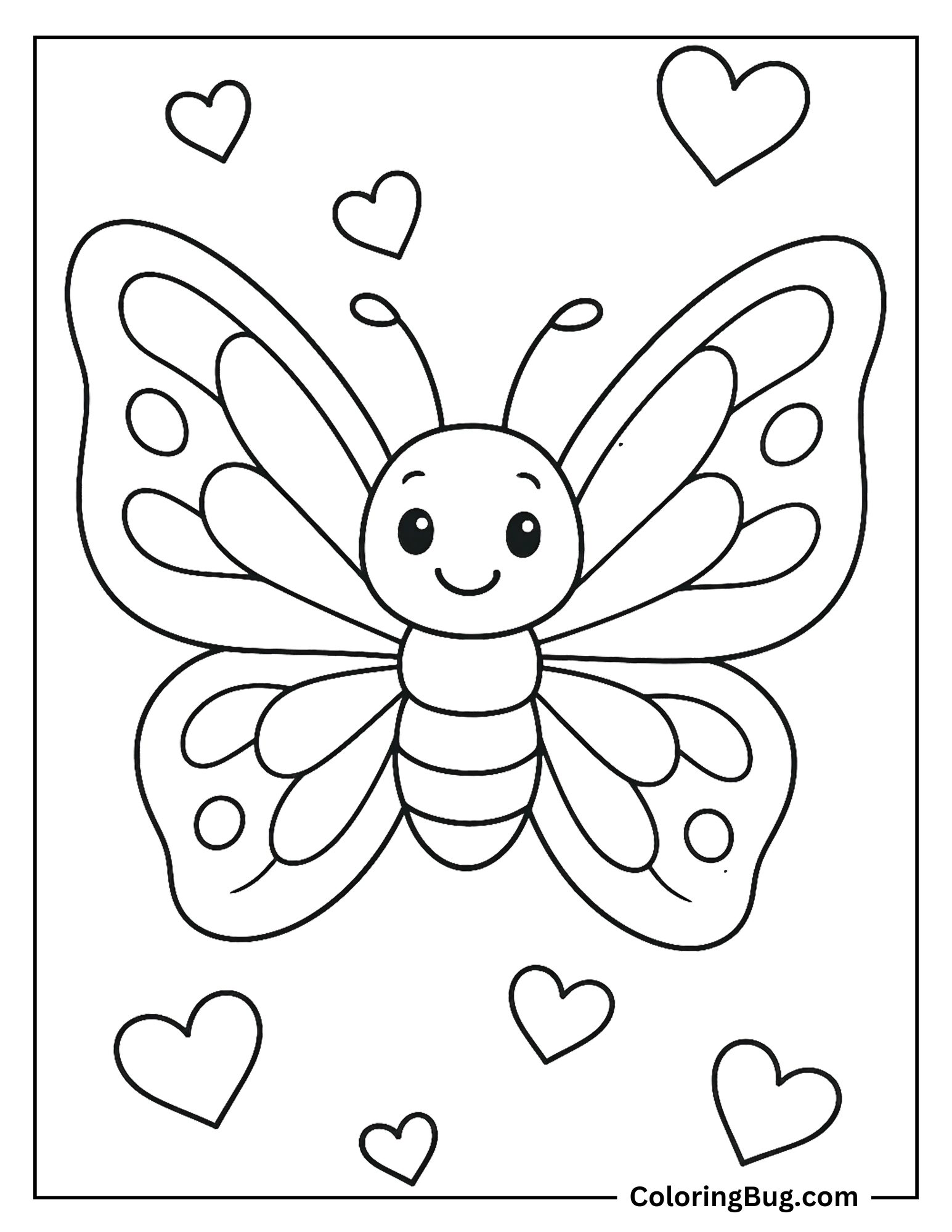 Butterfly Surrounded by Hearts Coloring Sheet