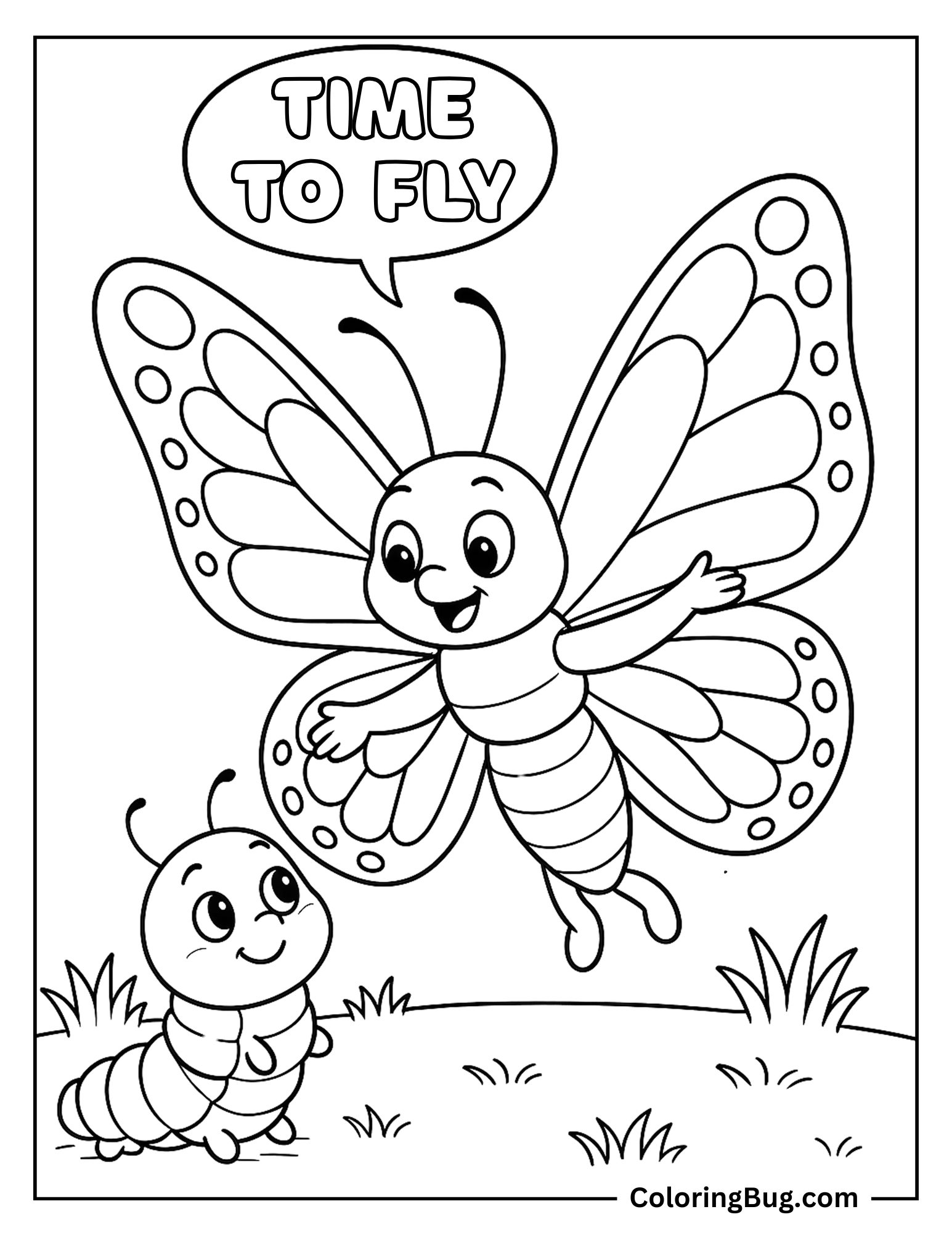 Butterfly Teaching Caterpillar to Fly Coloring Sheet