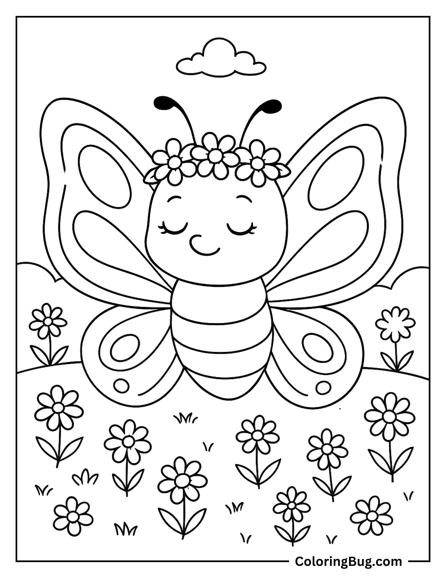 Butterfly Wearing Flowers Crown Coloring Sheet