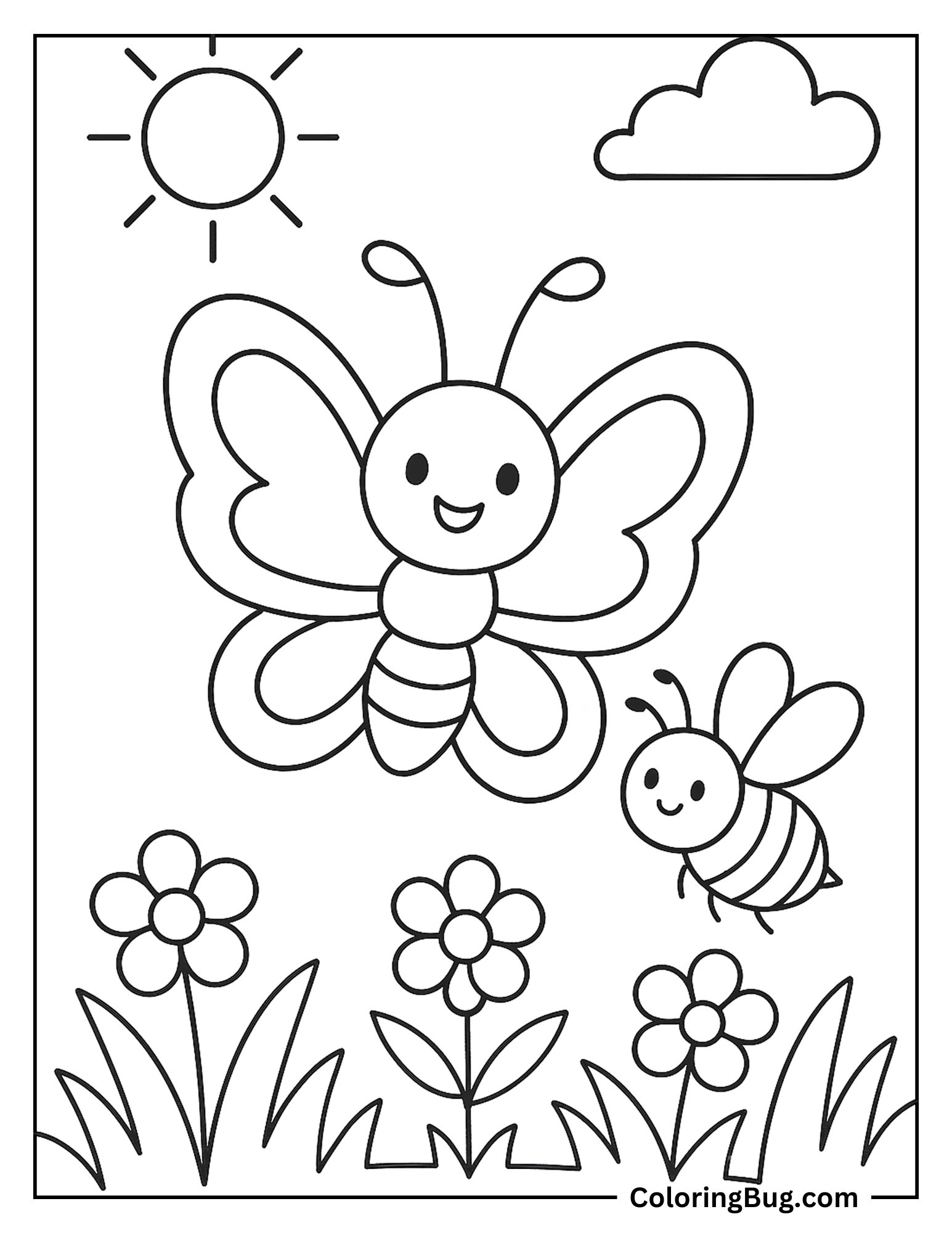 Butterfly With Bumblebee Coloring Sheet