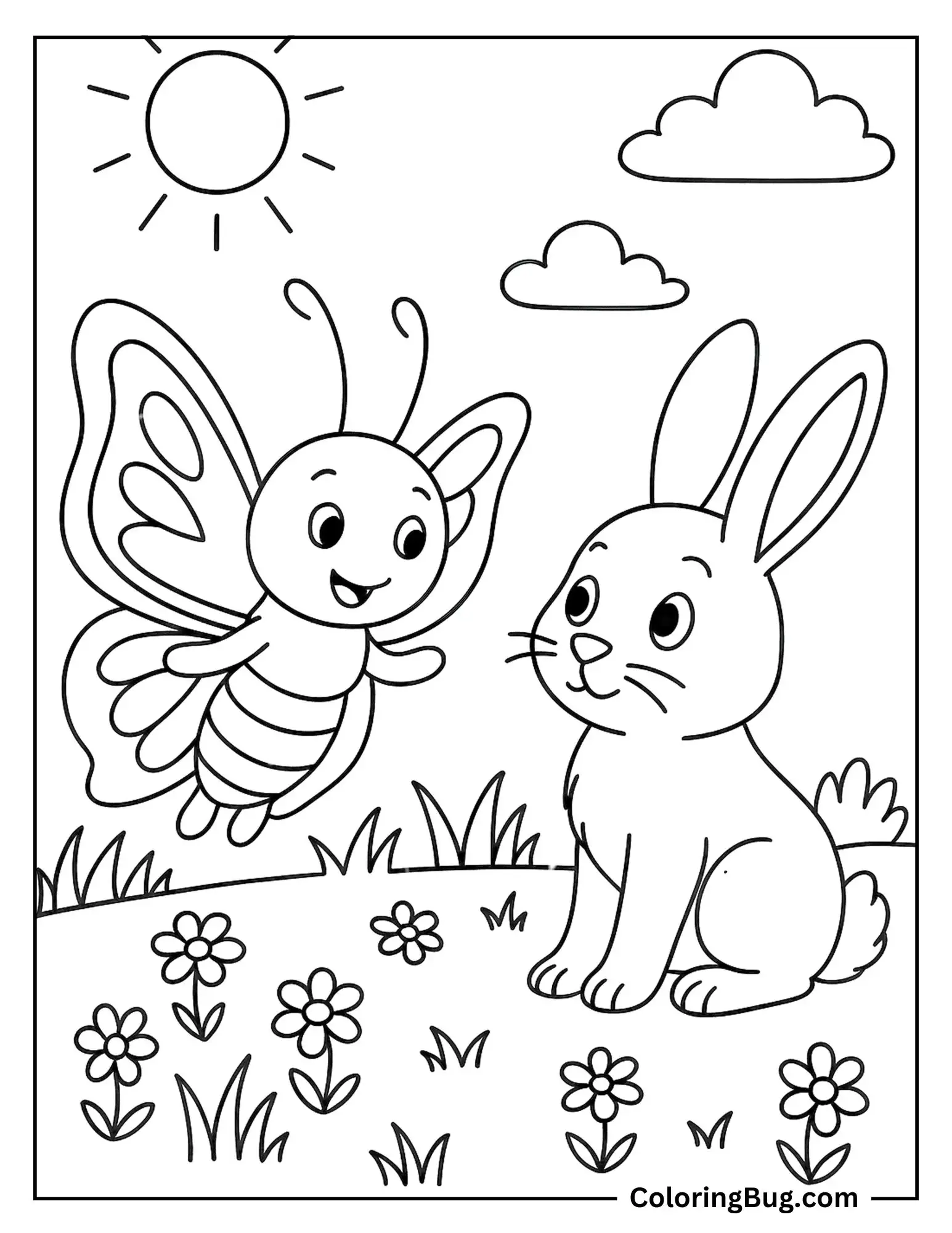 Butterfly With Curious Bunny in Meadow Coloring sheet