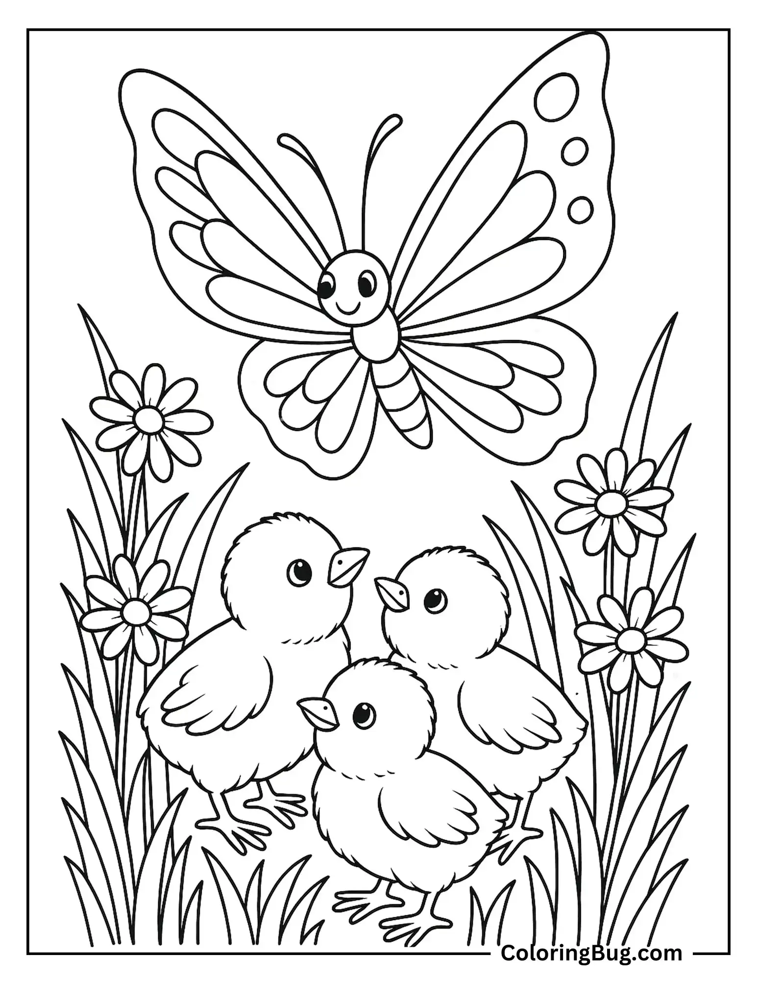Butterfly With Cute Chicks Coloring sheet