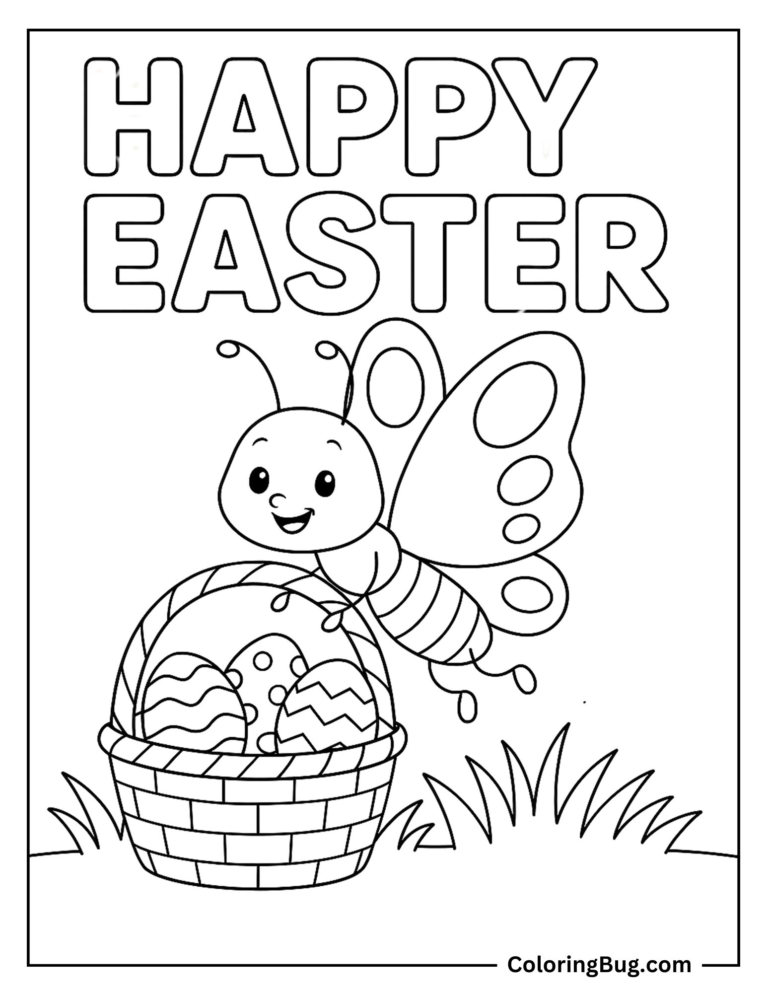 Butterfly With Easter Eggs Basket Coloring sheet