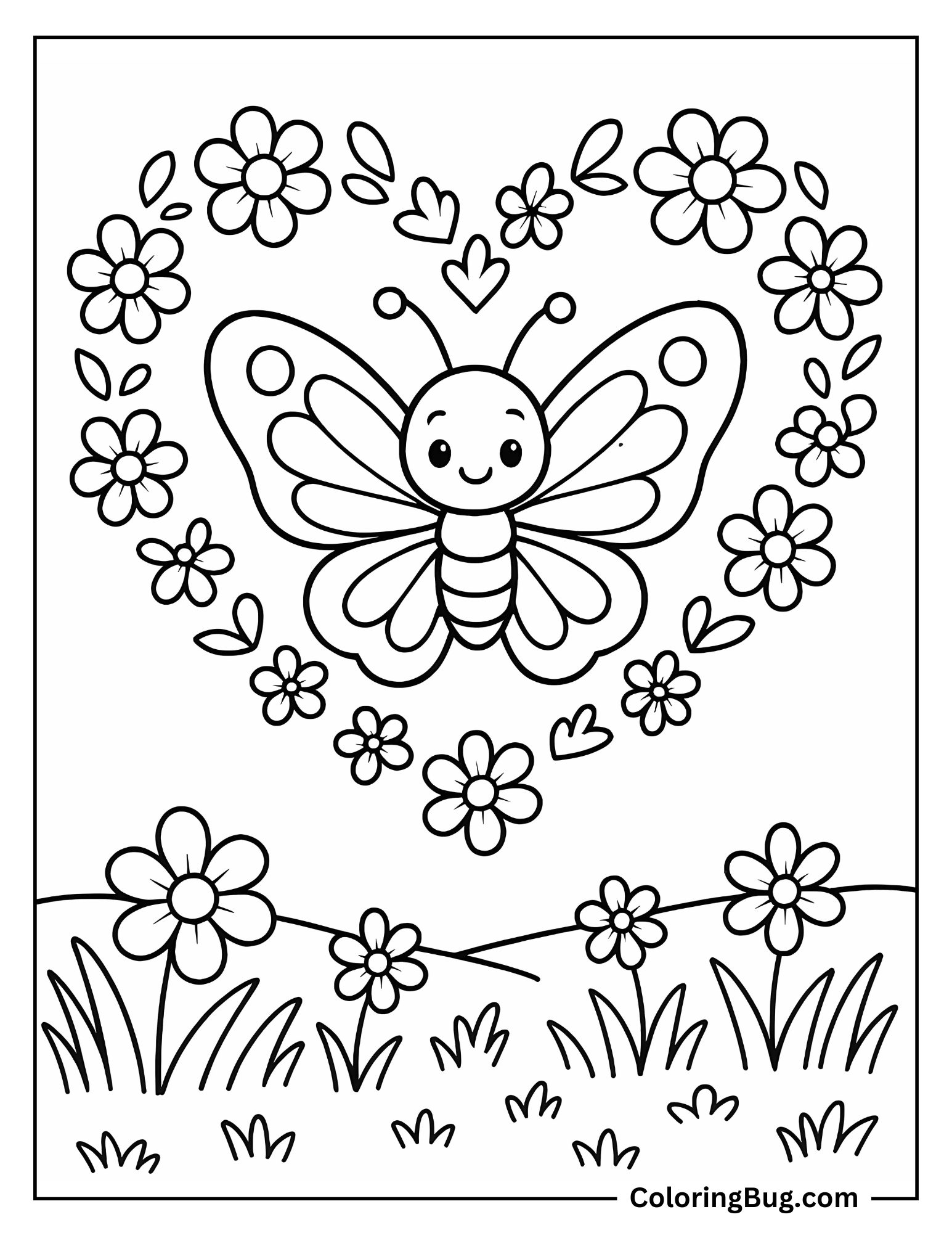 Butterfly With Heart Made of Flowers Coloring Sheet