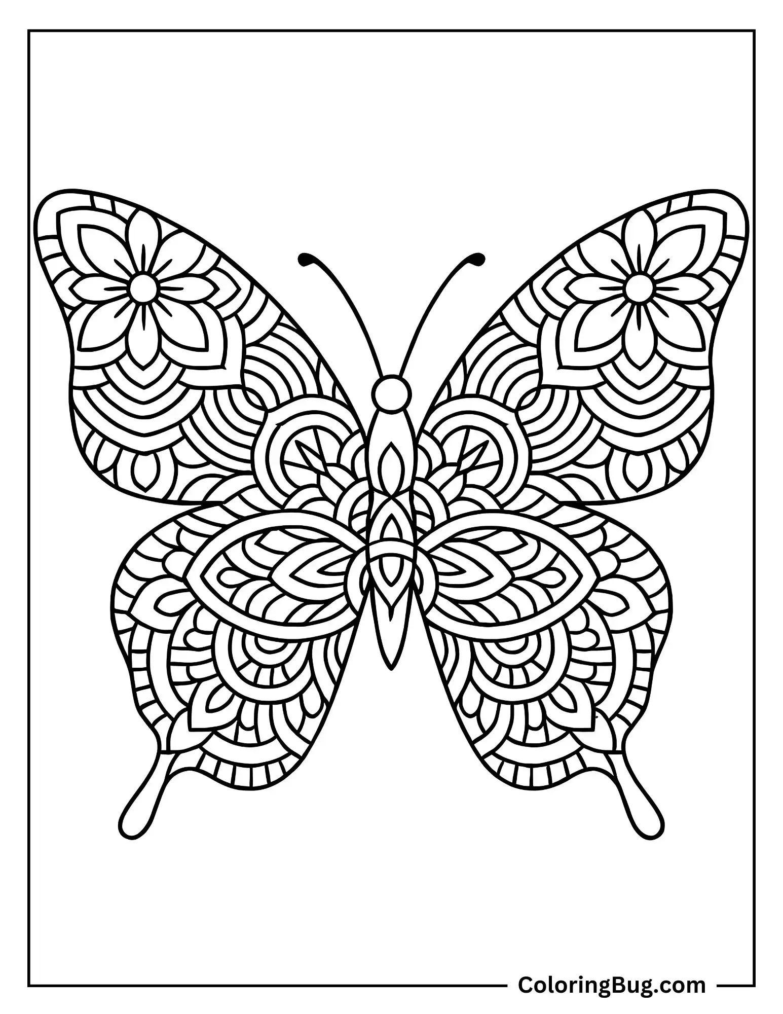 Butterfly With Mandala Pattern Coloring Sheet