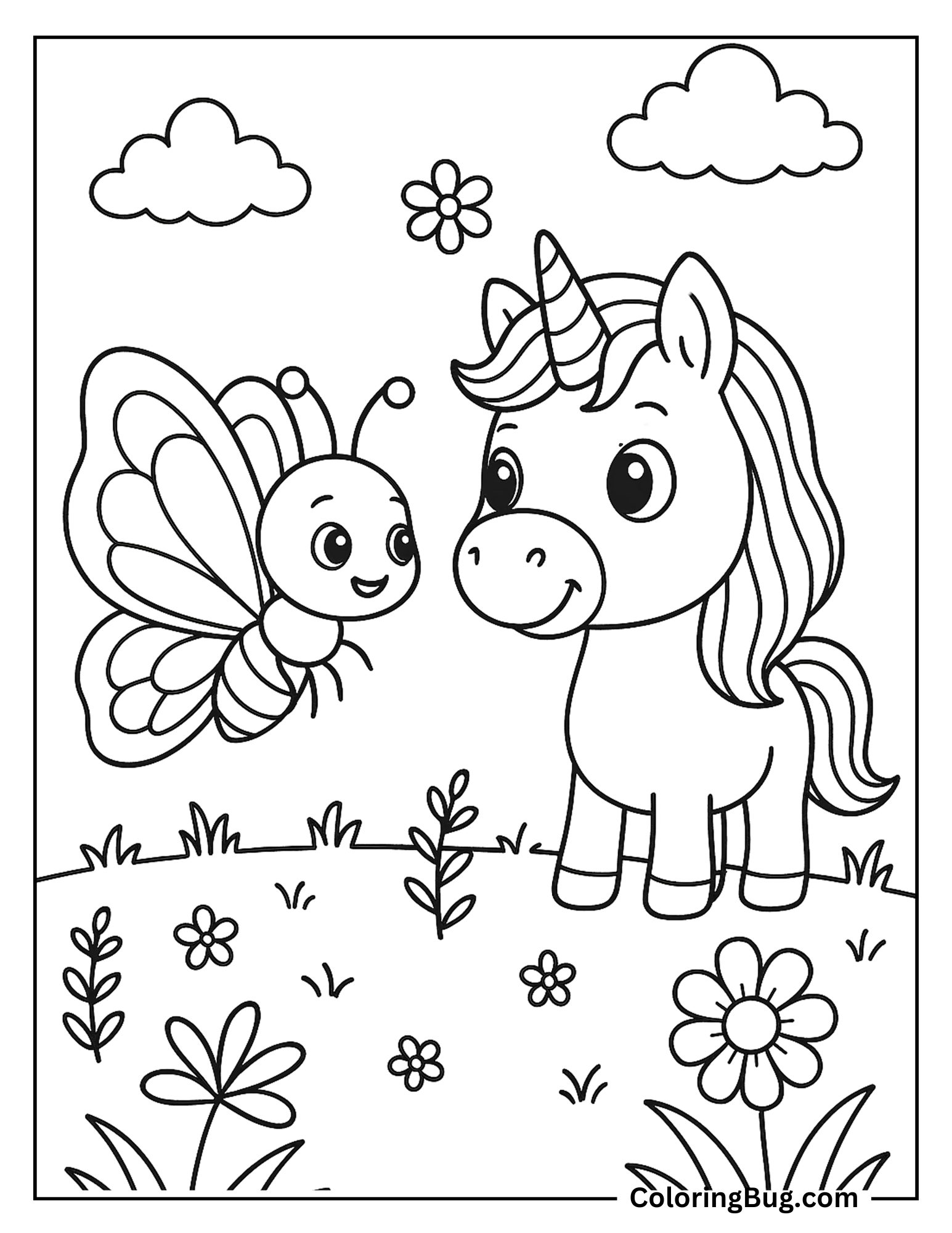 Butterfly With Unicorn Coloring Sheet