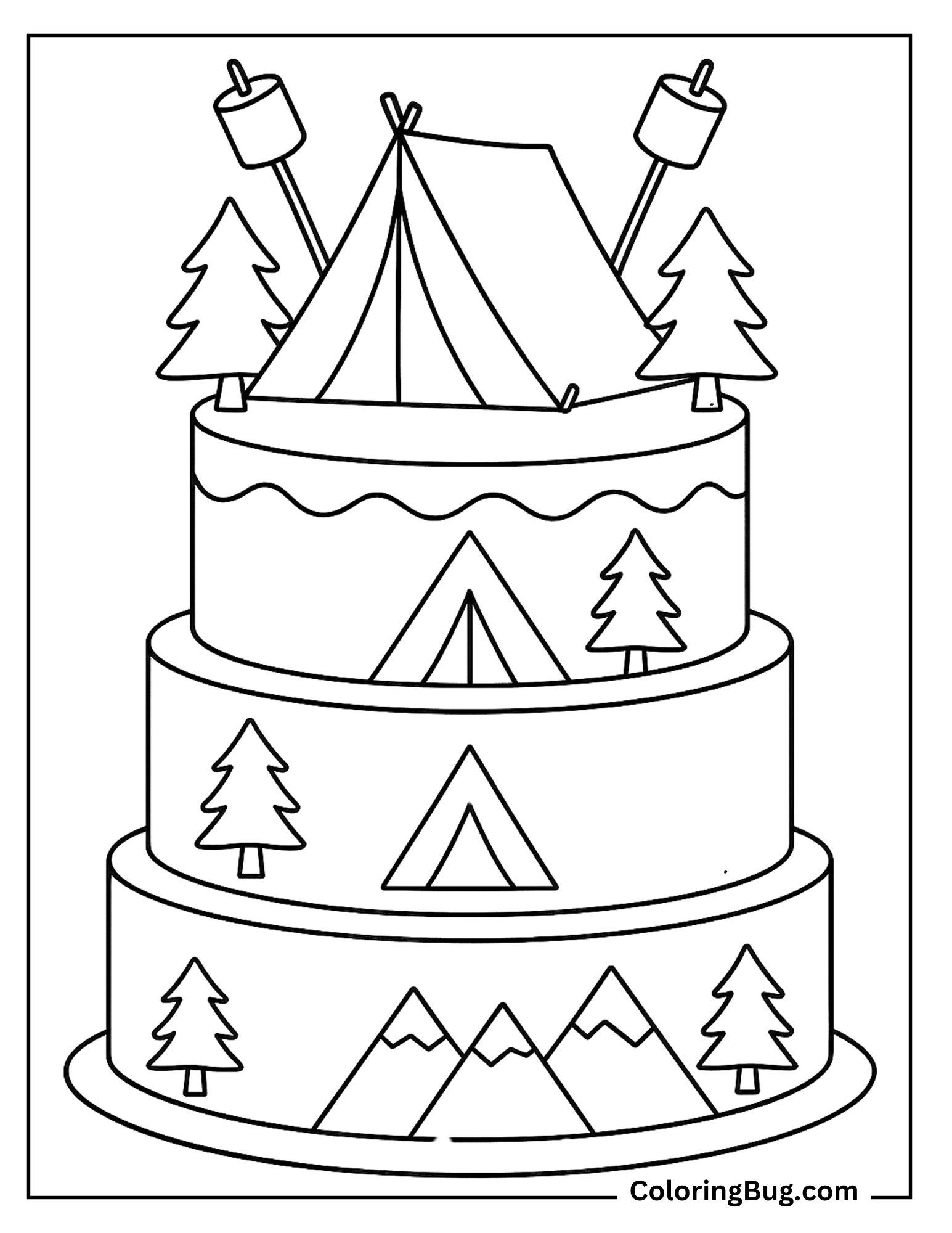 Camping Cake with Trees, Tent, and Marshmallow Toppers Coloring Sheet