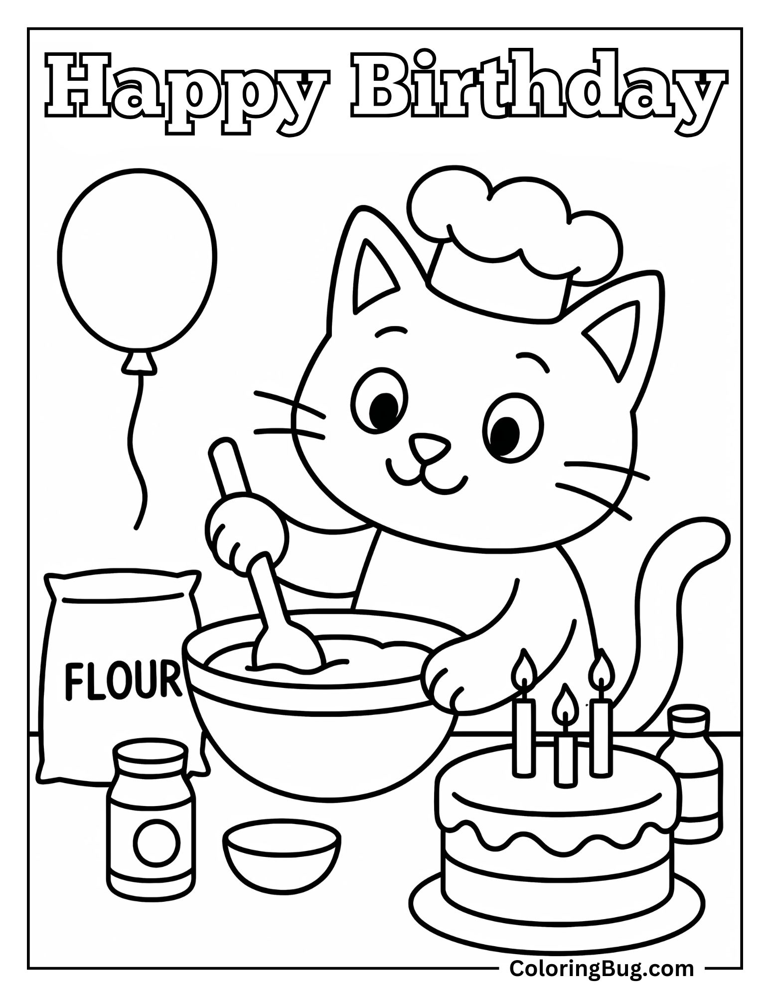 Cat Baking Its Own Birthday Cake Coloring Sheet