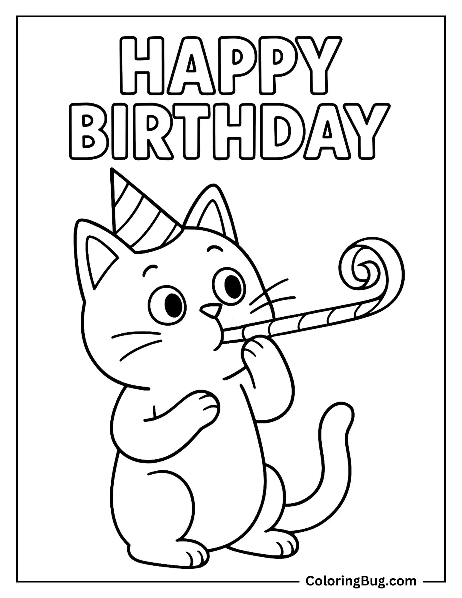 Cat Blowing Party Horn Coloring Sheet