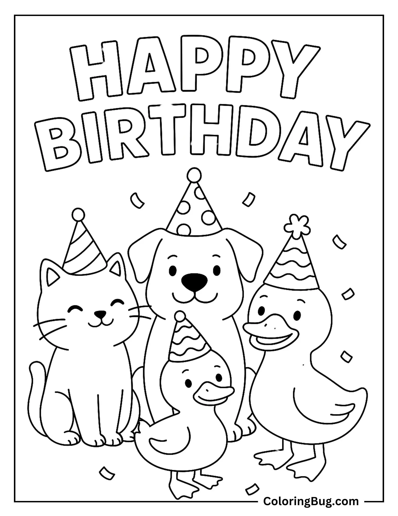 Cat, Dog And Duck Waring Party Hats on Birthday Coloring Sheet