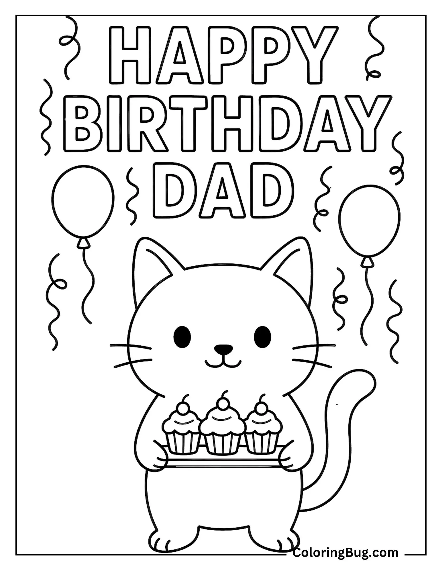 Cat Holding Cup Cakes For Dad Coloring Sheet