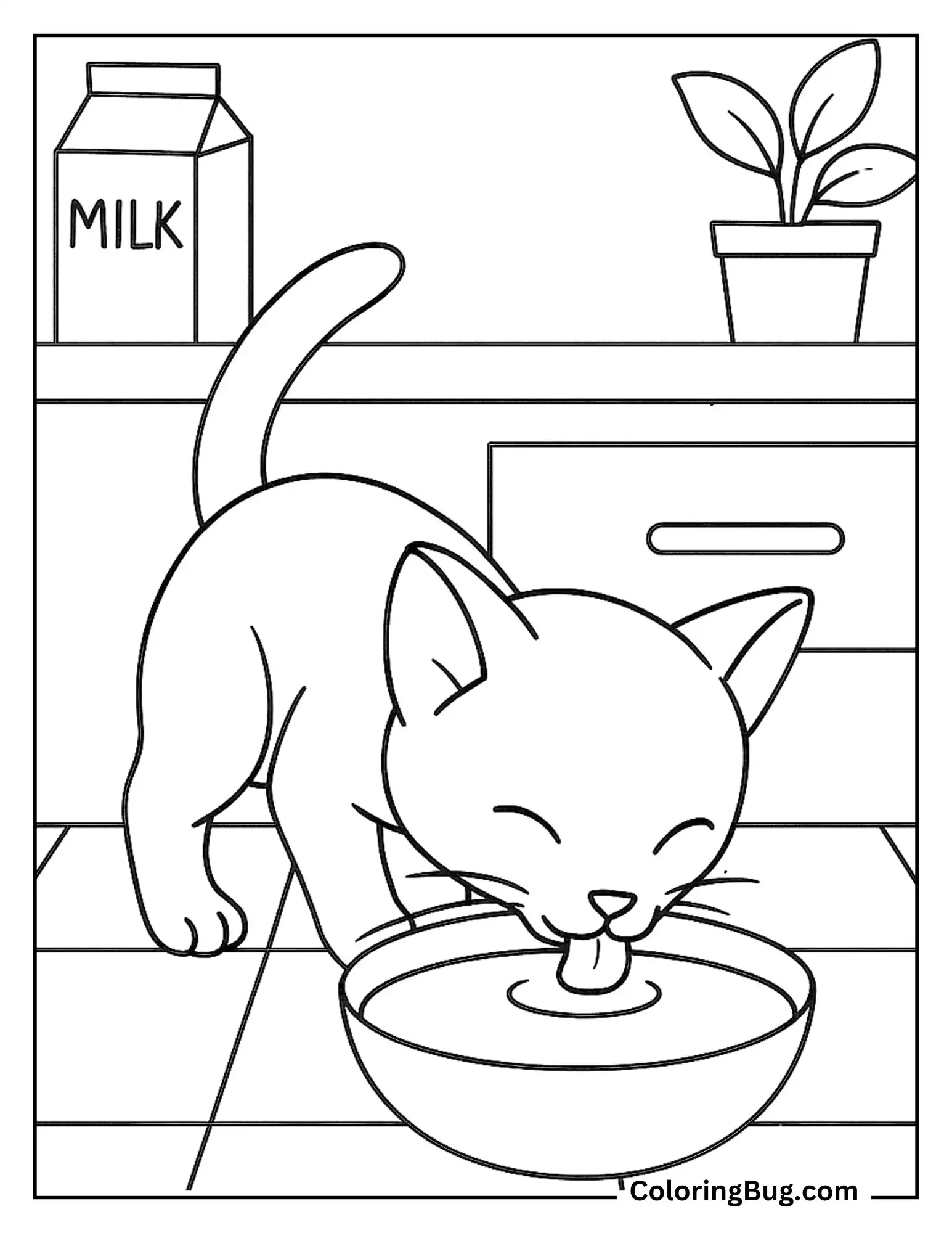 Cat Licking Milk From Bowl coloring Sheet
