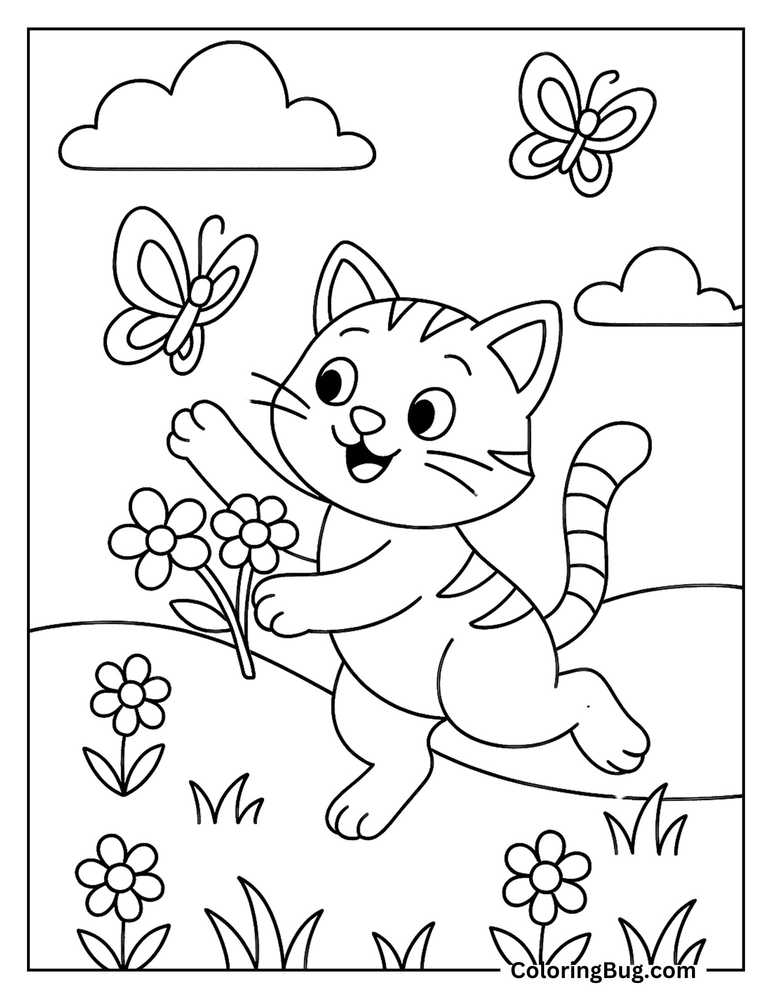 Cat Playing With Butterflies in Meadow Coloring Sheet