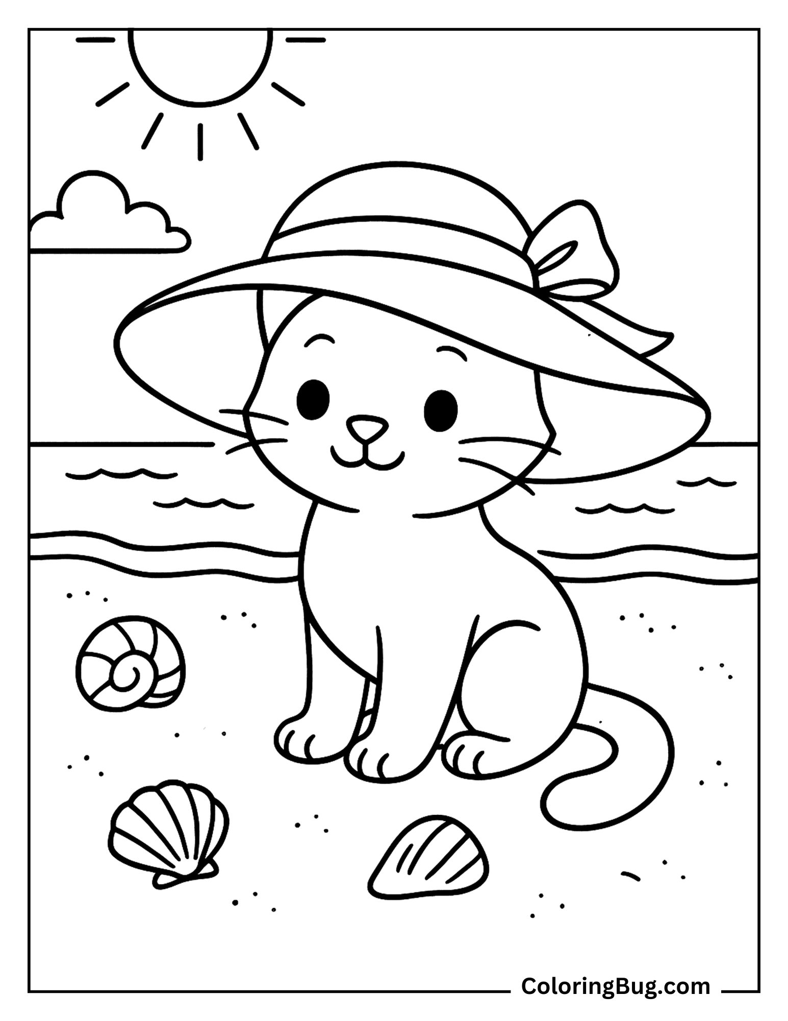 Cat Wearing Sunhat Sitting in Beach Coloring Sheet