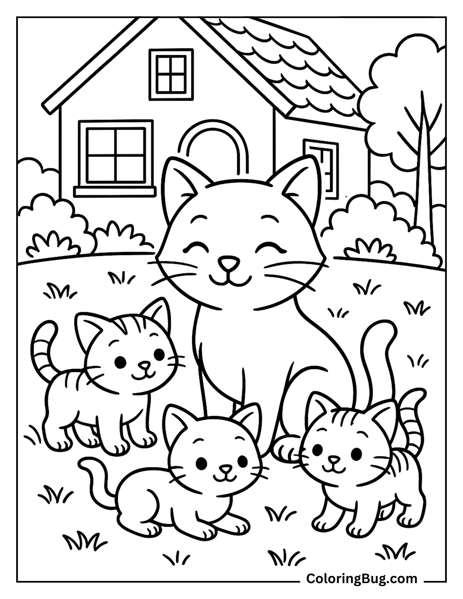 Cat With Her Kittens Coloring Sheet