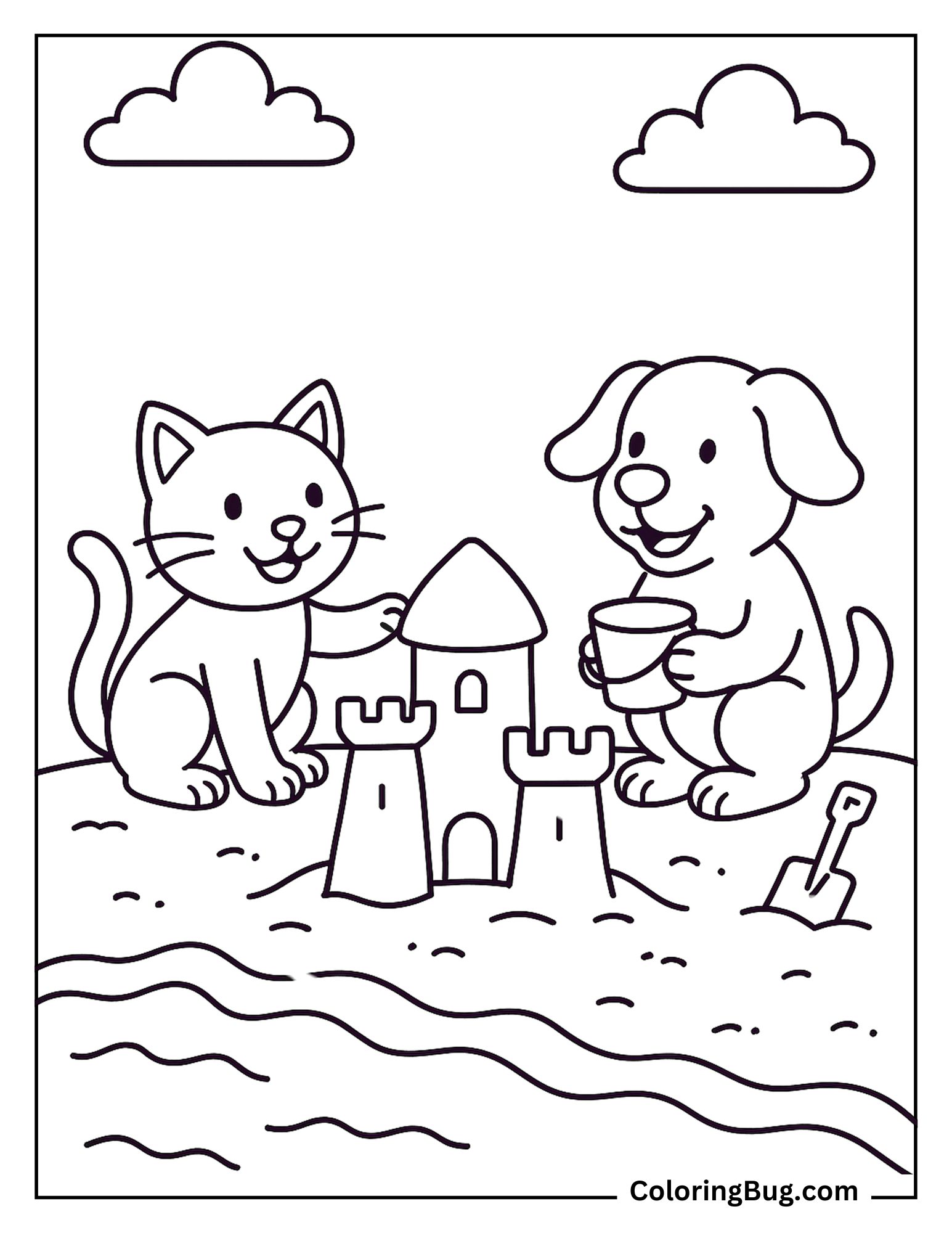 Cat and Dog Building Sandcastle Coloring Sheet