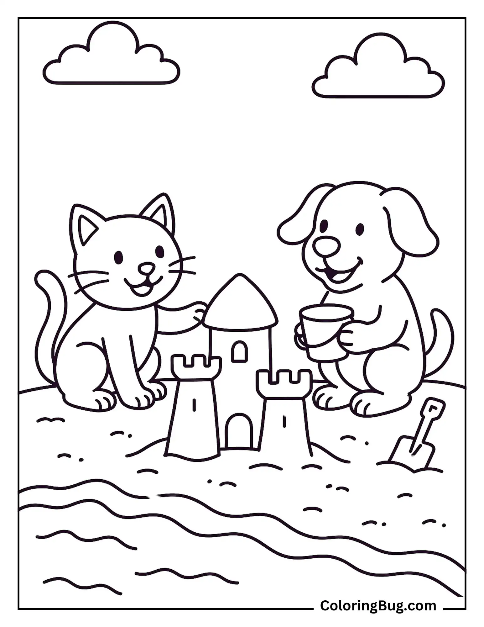 Cat and Dog Building Sandcastle Coloring Sheet