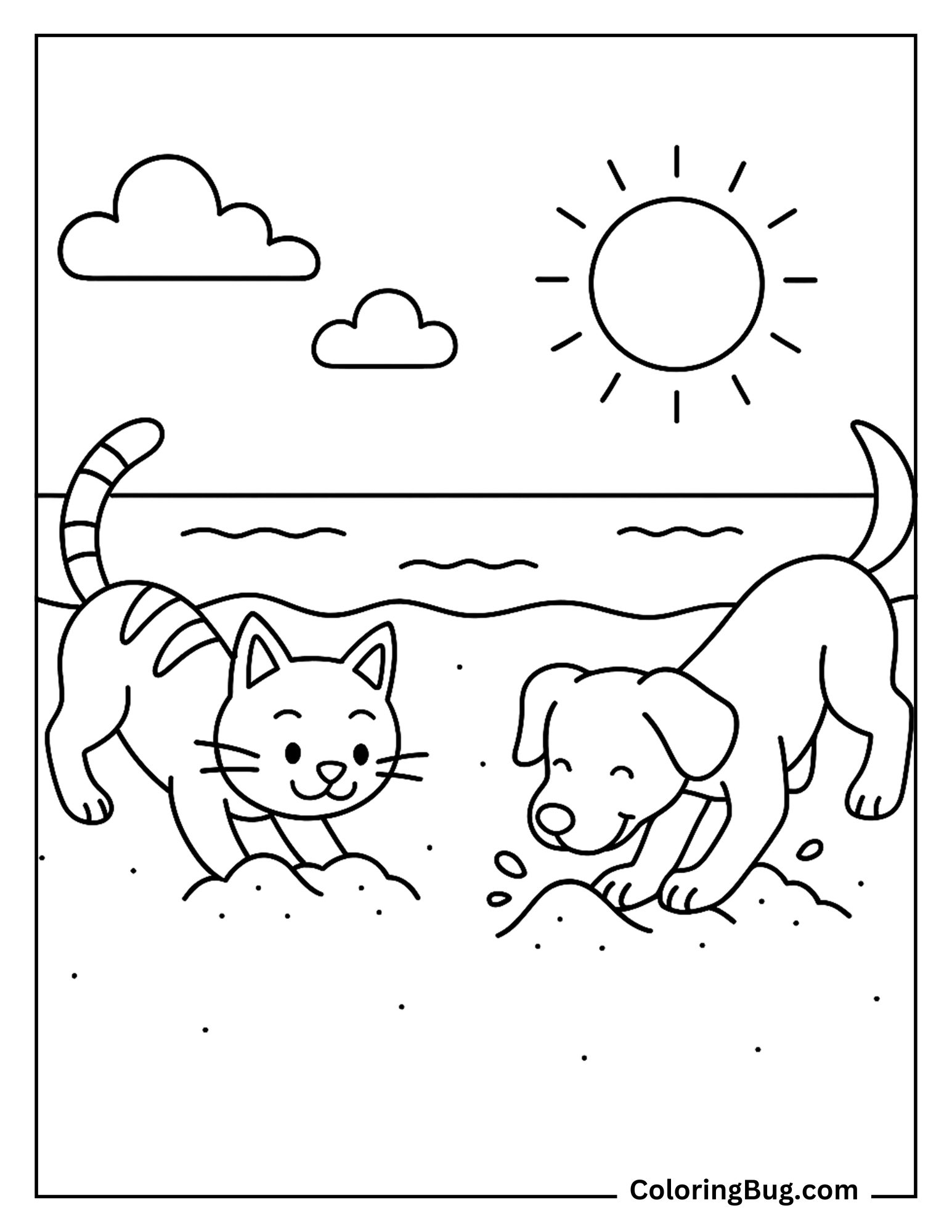 Cat and Dog Digging in the Sand at the Beach Coloring Sheet