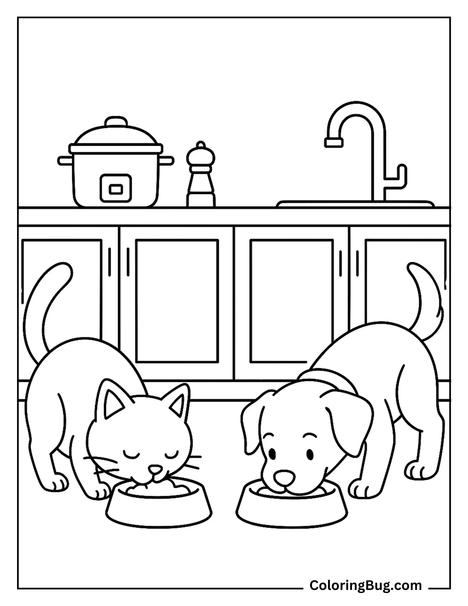 Cat and Dog Eating From Their Bowls in the Kitchen Coloring Sheet