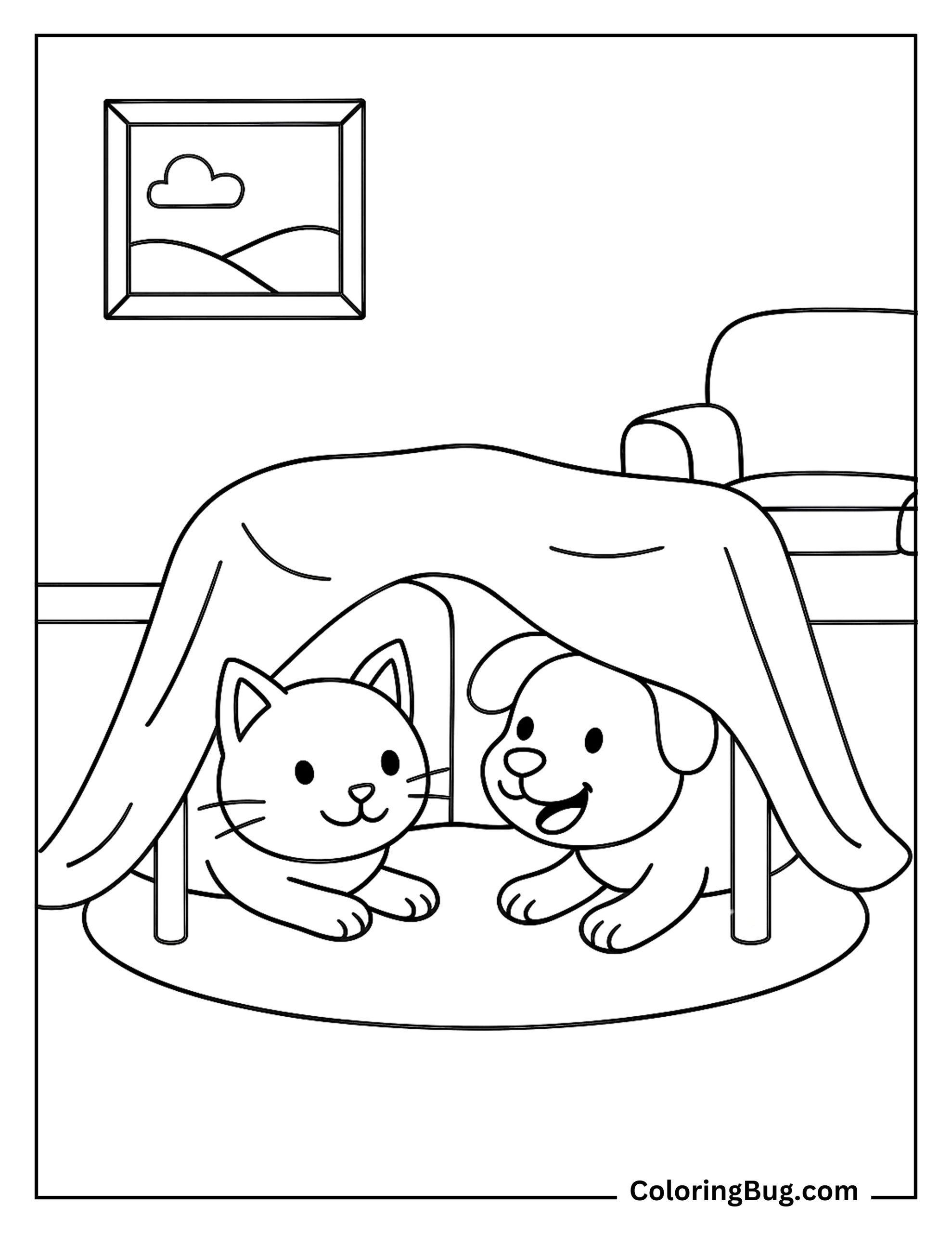 Cat and Dog Hiding Under a Blanket Fort Coloring Sheet