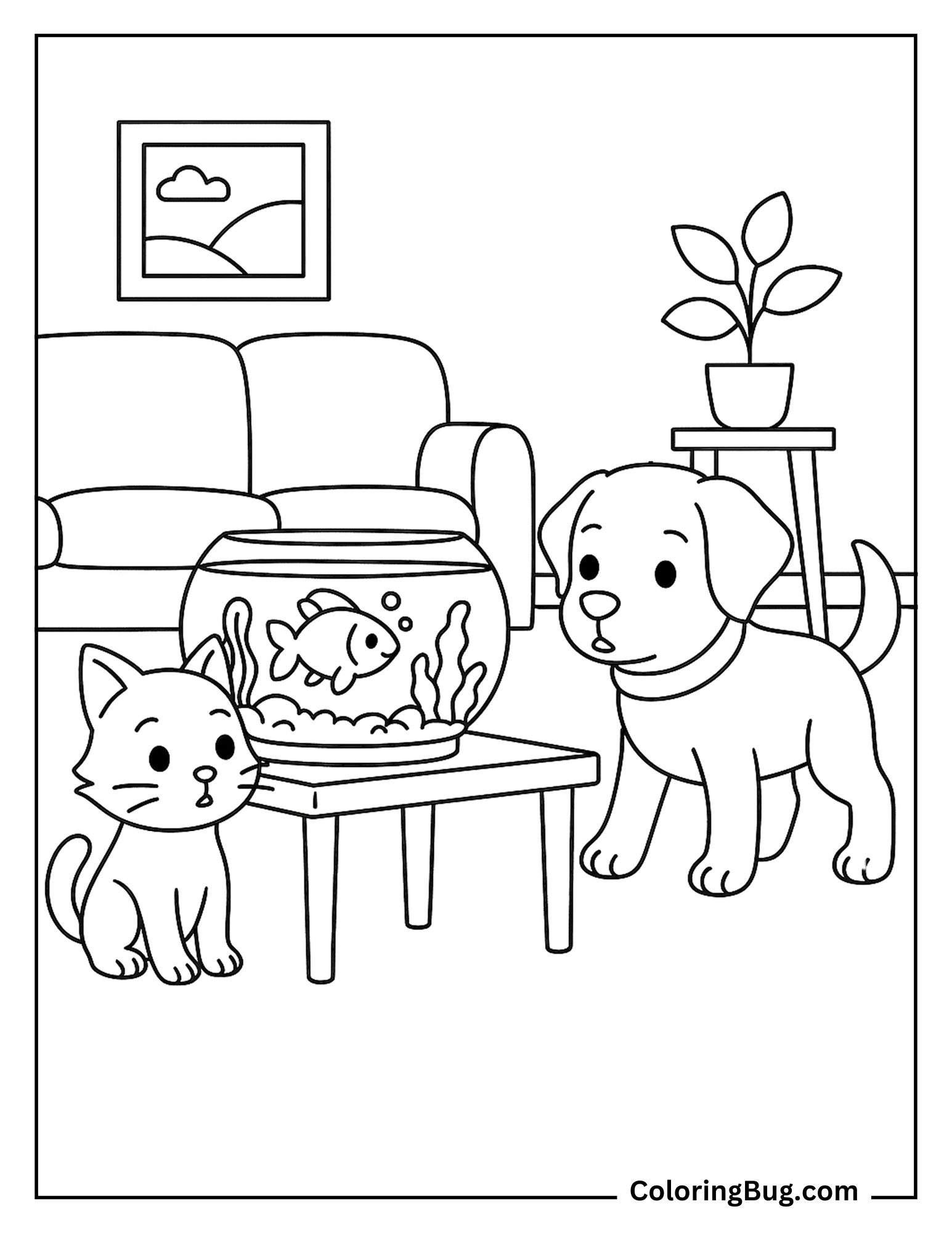 Cat and Dog Looking Curiously at a Fish Tank Coloring Sheet