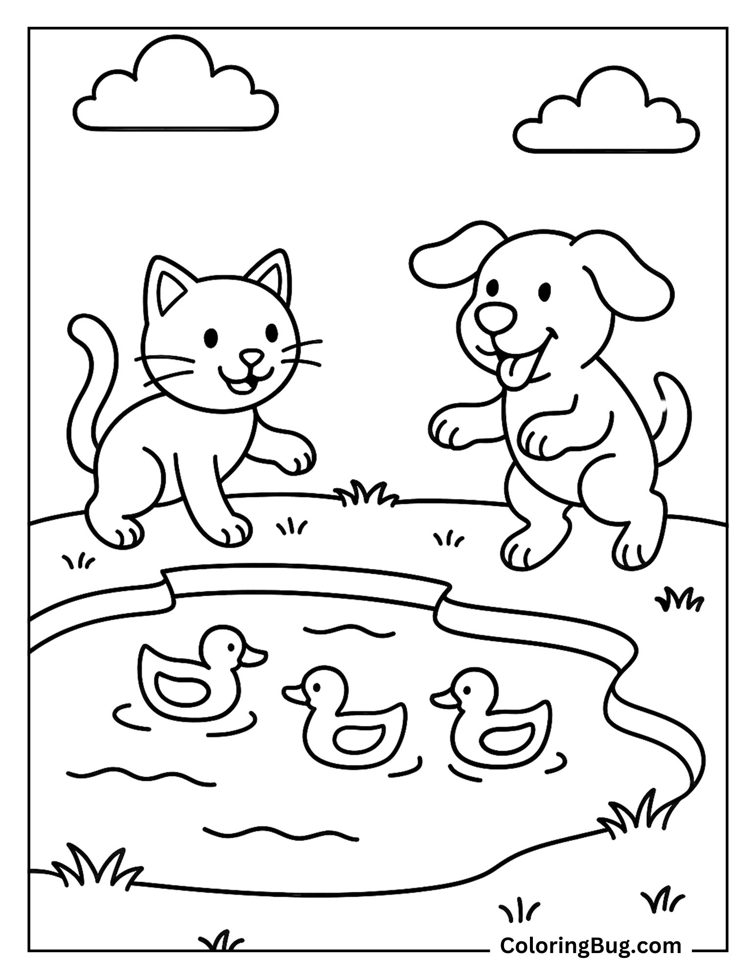 Cat and Dog Playing Near a Pond With Ducks Coloring Sheet