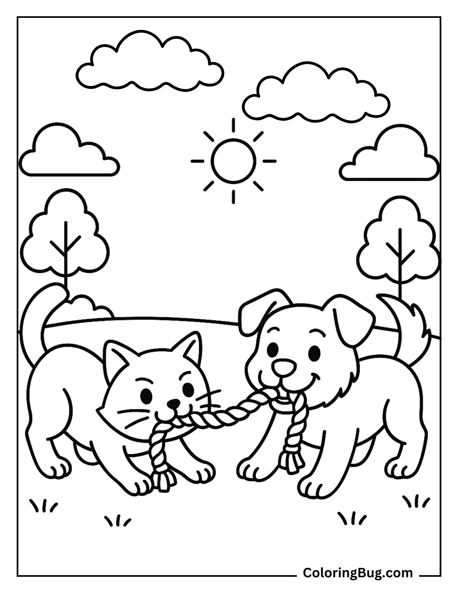 Cat and Dog Playing Tug-Of-War With a Rope Toy Coloring Sheet