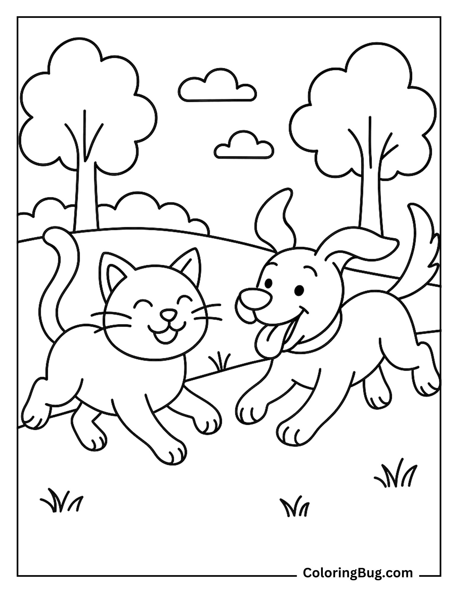 Cat and Dog Playing in Park Coloring Sheet