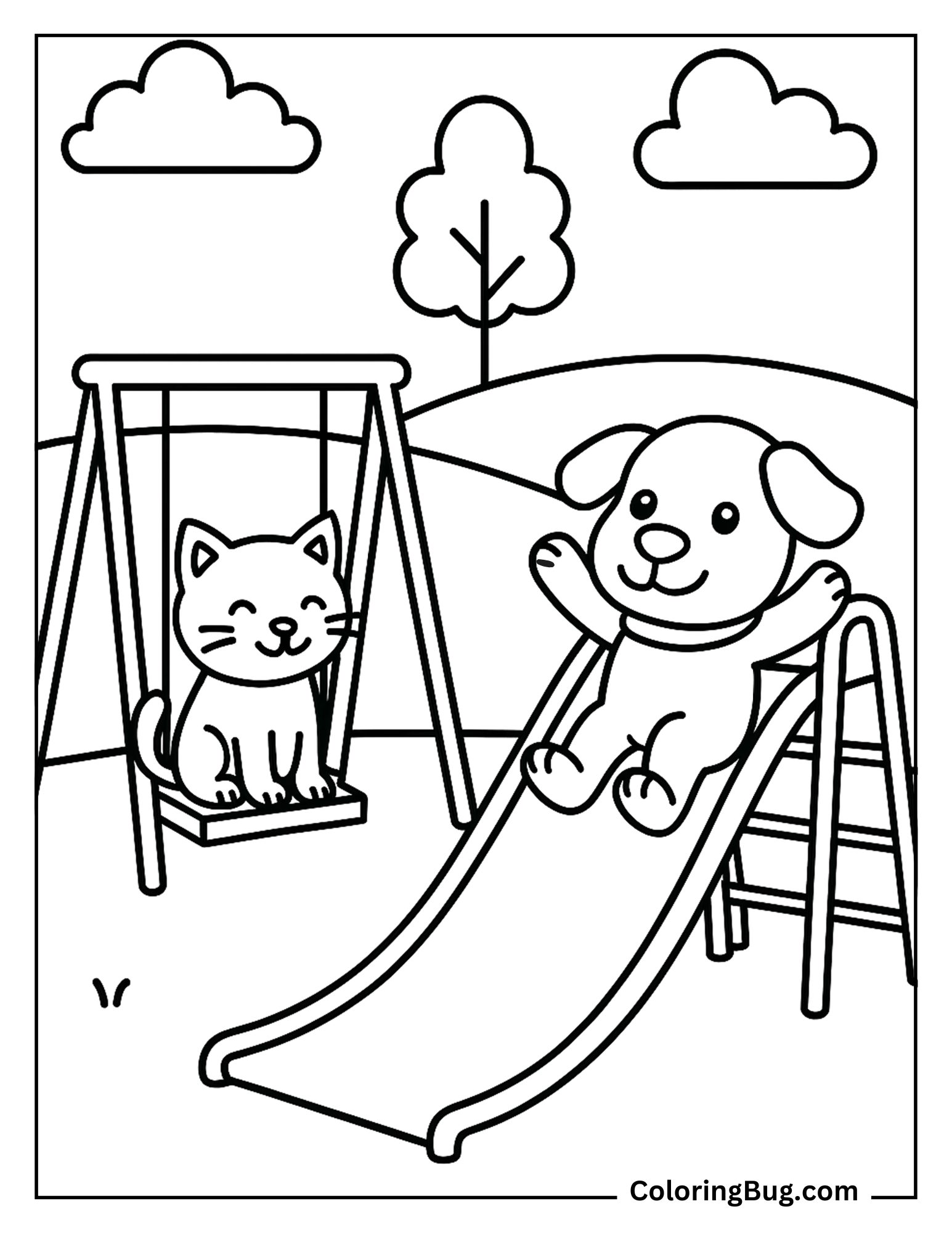 Cat and Dog Playing in Playground Coloring Sheet