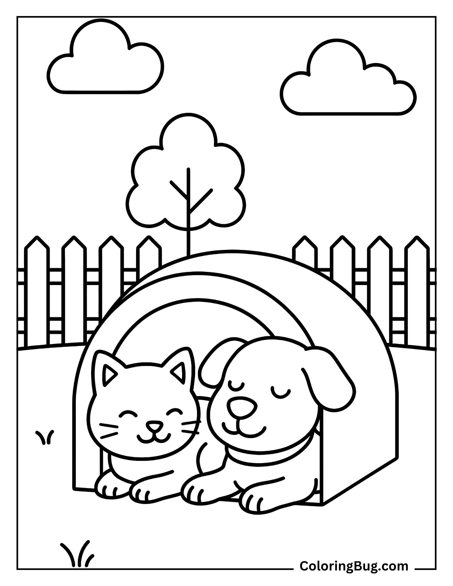Cat and Dog Sitting Inside Nook Coloring Sheet