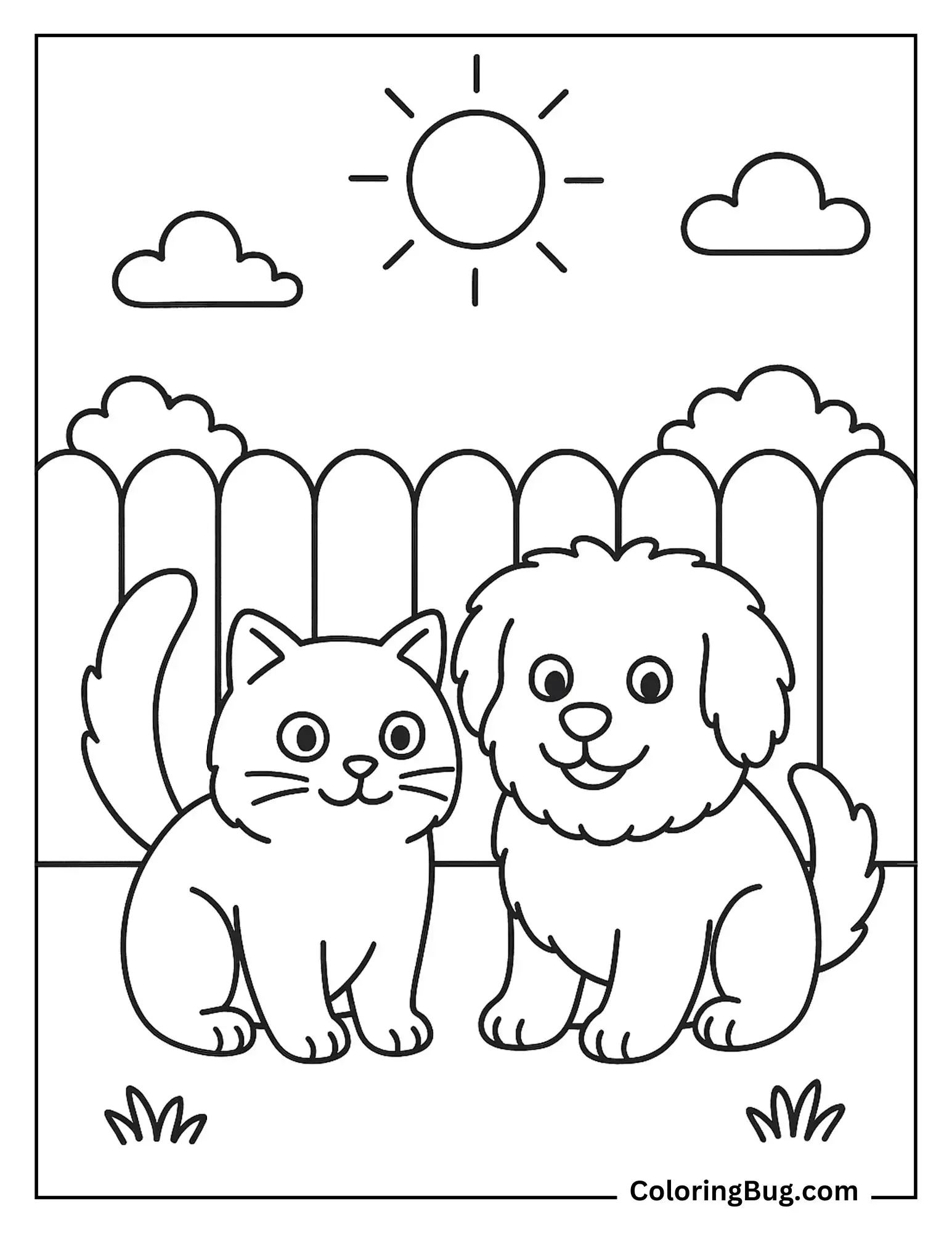 Cat and Dog Sitting Together Coloring Sheet