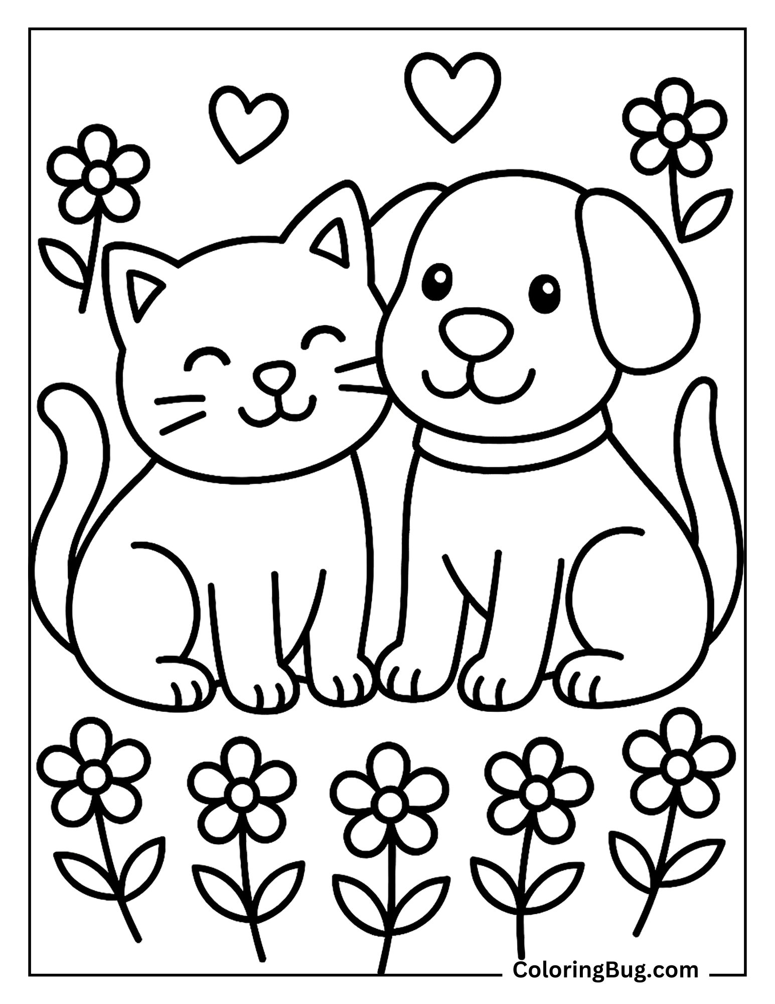 Cat and Dog Surrounded By Hearts And Flowers Coloring Sheet