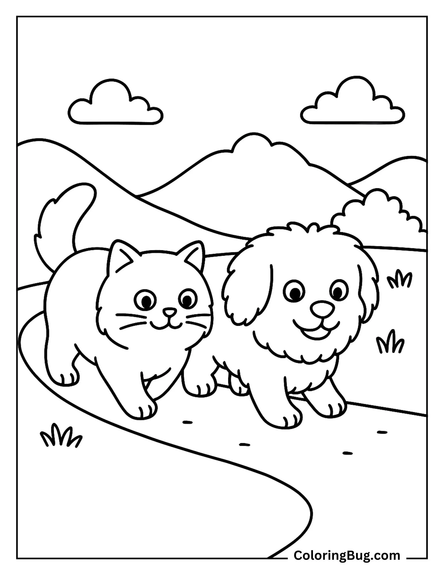 Cat and Dog Walking Side by Side on a Trail Coloring Sheet