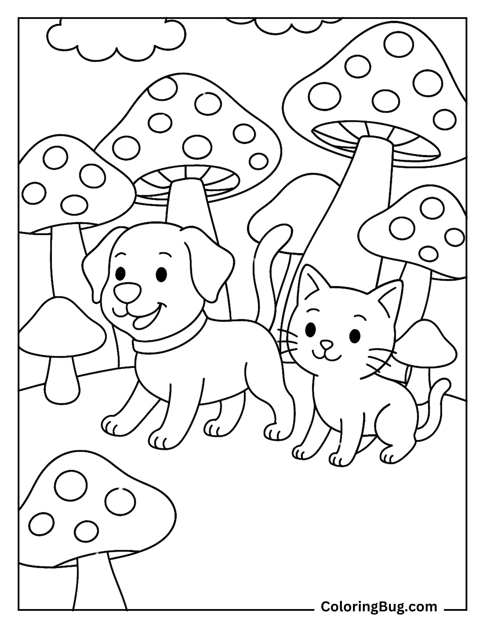 Cat and Dog Walking Through Mushrooms Forest Coloring Sheet