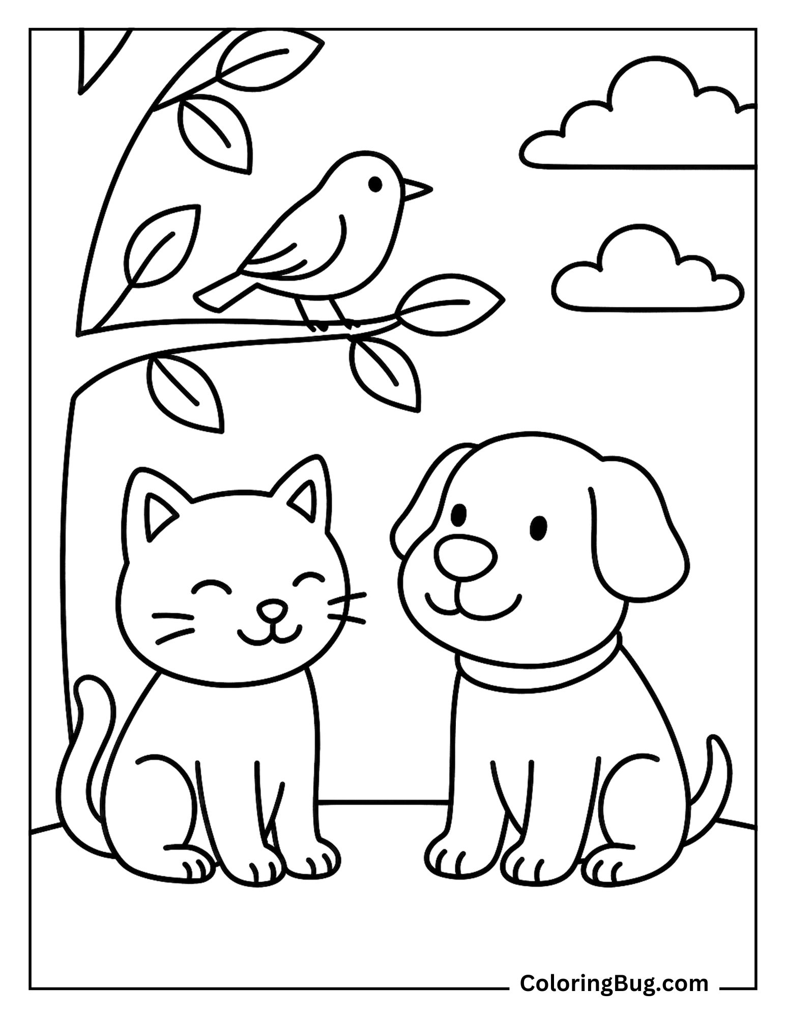 Cat and Dog With Bird Coloring Sheet