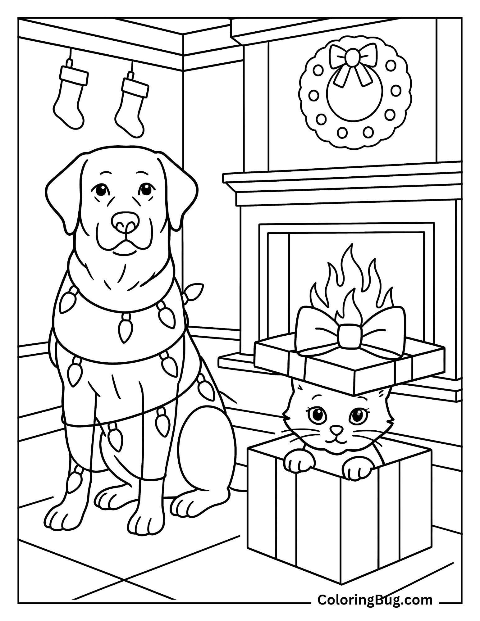 Cat and Dog With on Christmas  Coloring Sheet